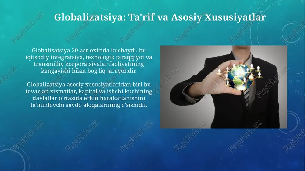 h ko'zda tutilgan. madaniy merosni saqlash – ijtimoiy barqaror rivojlanishning muhim elementidir, bu orqali milliy o'zlikni asrash, turizm rivojlantirish va jamiyatning ma'naviy boyligini oshirishga erishiladi. globalizatsiya va barqaror rivojlanish o'rtasidagi bog'liqlik globalizatsiya resurslardan foydalanishni oshirib, 17 ta barqaror rivojlanish maqsadlariga (brm) erishishga to'sqinlik qiladi, ekologik muammolarni kuchaytiradi va ijtimoiy tengsizlikni chuqurlashtiradi. barqaror rivojlanish globalizatsiyaning ijobiy ta'sirini oshirib, uning salbiy oqibatlarini kamaytiradi, masalan, 2030 yilga mo'ljallangan kun tartibi orqali brmga erishishni qo'llab-quvvatlaydi. global muammolar va ularning barqaror rivojlanishga ta'siri global muammolar, masalan, iqlim o'zgarishi, resurslarning kamayishi, 2030 yilgacha barqaror rivojlanish maqsadlariga (brm) erishishni qiyinlashtiradi, bu esa global hamkorlikni talab etadi. global muammolar, jumladan, qashshoqlik va tengsizlikning ortishi, jamiyatning ijtimoiy barqarorligiga salbiy ta'sir ko'rsatadi va odamlarning hayot sifatini pasaytiradi, 17 ta brmga xavf soladi. o'zbekistonda globalizatsiya va barqaror rivojlanish jarayonlari o'zbekiston 2030 yilgacha bo'lgan maqsadlariga erishish uchun xalqaro hamkorlikni kuchaytirmoqda, bu esa global investitsiyalarni jalb etish uchun islohotlarni amalga oshirishni talab qiladi. …