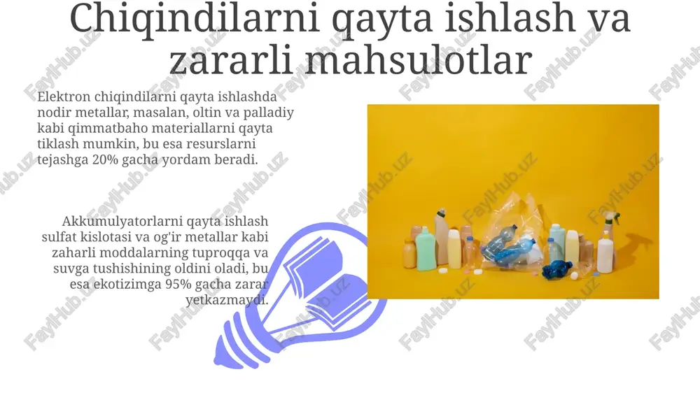 yta ishlash tuproq va suvning ifloslanishiga, shuningdek, sog'liq uchun xavf tug'dirishi mumkin. batareyalar va akkumulyatorlarni qayta ishlash batareyalarni qayta ishlash, atrof-muhitga zararli bo'lgan simob, qo'rg'oshin va kadmiy kabi og'ir metallarning tuproqqa tushishining oldini oladi va ekotizimni muhofaza qiladi. qayta ishlangan batareyalardan olingan materiallar, masalan, nikel va temir, yangi batareyalar, zanglamas po'lat va qurilish materiallari kabi boshqa mahsulotlarni ishlab chiqarishda ishlatilishi mumkin. plastmassani qayta ishlash: muammolar va yechimlar plastmassani qayta ishlashdagi asosiy muammo - bu polimerlarning xilma-xilligi, bu esa saralashni qiyinlashtiradi va 7 turdagi plastmassadan faqatgina 2 turi keng miqyosda qayta ishlanadi. yechimlardan biri - kimyoviy qayta ishlash texnologiyalarini rivojlantirish, bunda plastmassa monomerlarga ajratilib, yangi plastmassa ishlab chiqarish uchun ishlatiladi, bu esa 90% gacha qayta ishlash imkonini beradi. qog'oz va kartonni qayta ishlash 01 02 qog'ozni qayta ishlash 70% gacha energiya tejashga yordam beradi, chunki yangi qog'oz ishlab chiqarishga qaraganda kamroq resurs talab etiladi, masalan, daraxt kesish va kimyoviy ishlov berish …