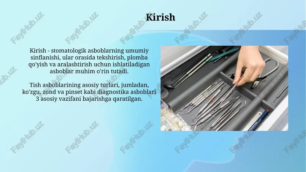 sboblar bo'lib, ularning uchlari o'tkir va turli shakllarda bo'ladi, masalan, to'g'ri, egri yoki qoshiqsimon, ularning o'lchamlari 1 mm dan 3 mm gacha bo'lishi mumkin. amalgam qirqichlari amalgam plomba materialini olib tashlash uchun mo'ljallangan, ularning ishchi qismi juda qattiq metall qotishmasidan tayyorlangan va diametri 1.5 mm dan 2.5 mm gacha bo'lgan dumaloq yoki noksimon shaklga ega bo'lishi mumkin. burnurlar va qoʻl ushlagichlari burnurlarning shakli turli xil boʻlib, dumaloq burmalar 1/4 dan 10 gacha oʻlchamlarda boʻladi, ular tishning kariesni olib tashlash va kirish yoʻlini yaratish uchun ishlatiladi. qoʻl ushlagichlari ikki turga boʻlinadi: yuqori tezlikdagi (400,000 aylanish/minut) turbinali ushlagichlar va past tezlikdagi (30,000 aylanish/minut) mikromotorli ushlagichlar. matritsalar va ushlagichlar matritsalar tishning yo'qolgan devorini vaqtinchalik tiklaydi, 0,025 mm dan 0,05 mm gacha qalinlikda bo'lib, kompozit yoki amalgam plomba qo'yish imkonini beradi. ushlagichlar matritsani tishga mahkam o'rnatish uchun ishlatiladi, masalan, tofflemire ushlagichi, u molarlarda qo'llaniladi va matritsa atrofini yaxshilab qoplaydi. plomba materiallarini joylashtiruvchi asboblar plomba …