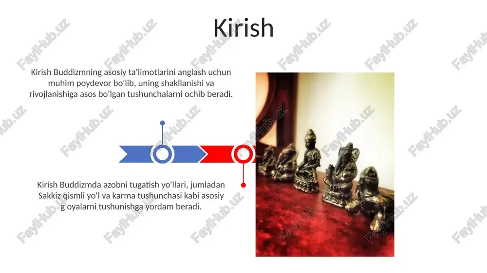 ikka intilish va pali kanonining avtoritetini saqlab qoladi. mahayana, "katta g'ildirak", bodhisattva idealini ta'kidlaydi: boshqa mavjudotlarga yordam berish uchun nirvanadan voz kechgan va bo'shliq (shunyata) tushunchasini qamrab olgan. buddizmning tarqalishi buddizmning tarqalishi dastlab miloddan avvalgi iii asrda imperator ashoka hukmronligi davrida hindistondan tashqariga yo'naltirildi va kengaytirildi. buddizmning tarqalishi buyuk ipak yo'li orqali markaziy osiyoga qadar yetib bordi, buddist rohiblari va savdogarlari ta'limotni tarqatishda muhim rol o'ynadi. buddizm va meditatsiya vipassana, 'narsalarni qanday bo'lsa shunday ko'rish' degan ma'noni anglatadi va buddizmda keng qo'llaniladigan meditatsiya turi bo'lib, kuzatish orqali o'zini anglashga yordam beradi. meditatsiya buddizmda sakkiz yo'ldan biri bo'lib, 'to'g'ri e'tibor' (samma sati) va 'to'g'ri konsentratsiya' (samma samadhi) kabi amaliyotlar orqali aql ustidan nazoratni o'rgatadi. buddist san'ati va arxitekturasi g'or ibodatxonalari, masalan, ajanta g'orlari, qoyalarga o'yilgan bo'lib, freskalar va haykallar bilan bezatilgan, ular buddaning hayoti va jataka hikoyalarini vizual tarzda tasvirlaydi. buddist stupalar, masalan, sanchi stupasi, buddaning qoldiqlarini saqlash uchun mo'ljallangan monumental …