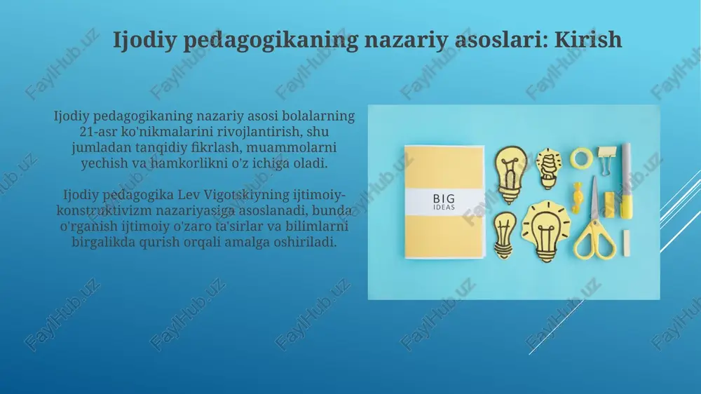 ing o'ziga xos kuchli tomonlarini hisobga olish zarurligini ta'kidlaydi. differentsial ta'lim 3 ta asosiy elementga e'tibor qaratadi: kontent, jarayon va mahsulot. bunda o'quv materiallari, o'qitish usullari va baholash turlari o'zgarishi mumkin. ijodiy pedagogikani baholash va o'lchash ijodiy pedagogikada baholash, o'quvchilarning 4 ta muhim jihatini, masalan, originallik, moslashuvchanlik, mahorat va ishlab chiqishni qamrab oluvchi rubrikalar orqali amalga oshirilishi mumkin. baholash jarayonida muayyan vazifalar yoki loyihalar uchun talabalar ishlarida o'ziga xoslik koeffitsientini o'lchash imkonini beradigan metrikadan foydalanish mumkin. xulosa va kelajakdagi yo'nalishlar kelajakdagi tadqiqotlar 21-asr ko'nikmalarini rivojlantirishda ijodiy pedagogikaning samaradorligini baholash uchun miqdoriy va sifat usullarini integratsiyalashishi kerak. o'qituvchilarning ijodiy pedagogika tamoyillarini amaliyotga tatbiq etishdagi qiyinchiliklarini hal qilish uchun 2025-yilgacha davom etadigan o'qitish dasturlari ishlab chiqish lozim. e'tiboringiz uchun rahmat image1.png image2.jpg image3.jpg image4.jpg image5.jpg image6.jpg image7.jpg image8.jpg image9.jpg image10.jpg image11.jpg image12.jpg image13.jpg