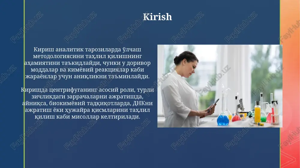 kamaytirishi va choʻkish tezligini 10-20% ga oshirishi mumkin. filtrlashning usullari va filtr materiallari filtrlash usullari bosim ostida (masalan, vakuum filtrlash), tortish kuchi ta'sirida yoki santrifuga kuchi yordamida amalga oshiriladi, bu esa ajratish tezligini oshiradi. filtr materiallari g'ovaklik o'lchami va kimyoviy tarkibiga qarab farqlanadi, 0.22 mikronli teshiklari bo'lgan membranalar steril filtrlash uchun ideal hisoblanadi. dekantatsiya: afzalliklari va kamchiliklari dekantatsiyaning afzalliklaridan biri bu oddiylik, chunki u filtratsiya yoki sentrifugalash kabi maxsus uskunalar va 90% tozalik darajasini talab qilmaydi. kamchiliklariga ko'ra, dekantatsiya 85% dan past tozalik darajasini ta'minlaydi va cho'kindi yo'qotish xavfi yuqori, ayniqsa, nozik zarrachalarni ajratishda 15%gacha yo'qotish mumkin. xulosa xulosa shuni ko'rsatadiki, zamonaviy analitik tarozi bilan o'lchash usullari 0.0001 g aniqlikdagi natijalarni beradi, bu esa miqdoriy tahlilda muhim ahamiyatga ega. sentrifuga eritmadan ajratish uchun tezlik va vaqtni optimallashtirish, 10000 rpm dan yuqori tezliklarda erishilgan yuqori samaradorlikni namoyish etdi. e'tiboringiz uchun rahmat image5.jpg image6.jpg image7.jpg image8.jpg image9.jpg image10.jpg image11.jpg image12.jpg image13.jpg image14.jpg …