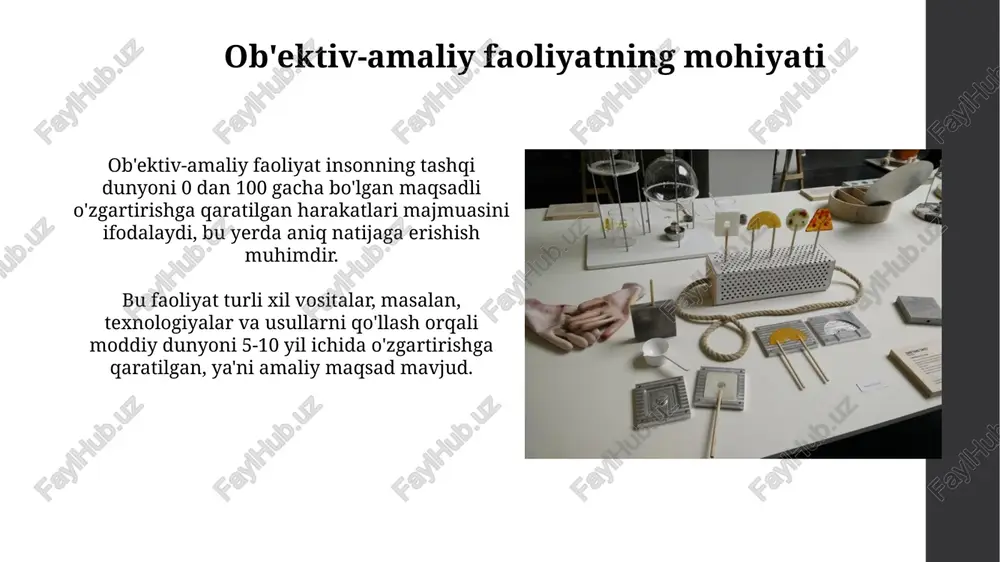 i. ob'ektiv-amaliy faoliyatdagi muammolar va ularni hal etish yo'llari ko'pincha, loyihalarni amalga oshirishda byudjetning 15-20% dan oshib ketishi muammosi yuzaga keladi; bunga resurslarni noto'g'ri rejalashtirish sabab bo'ladi, aniq moliyaviy monitoring tizimini joriy qilish kerak. ob'ektiv-amaliy faoliyatda sifatsiz aloqa 70% hollarda loyihaning muvaffaqiyatsizligiga olib keladi; muammoni hal qilish uchun interaktiv platformalardan foydalanish va muntazam ravishda uchrashuvlar o'tkazish zarur. ob'ektiv-amaliy faoliyatni rivojlantirish istiqbollari o'quv jarayonida 3d modellashtirish va simulyatsiya texnologiyalarini keng joriy etish, talabalarning amaliy ko'nikmalarini 40 foizga oshirish imkonini beradi. 2024-yilga qadar davlat-xususiy sherikchilik asosida 10 ta yangi amaliyot markazini tashkil etish orqali sanoat bilan integratsiyani kuchaytirish rejalashtirilgan. xulosa xulosa, o'rganilgan faoliyat natijalarini jamlaydi, tadqiqot savollariga javob beradi, va muhim topilmalarni 2-3 ta asosiy argument orqali taqdim etadi. xulosa amaliy faoliyatning 7 asosiy bosqichini tahlil qilish orqali olingan 3 xil natijani sintez qiladi va kelajakdagi tadqiqot yo'nalishlarini 4 yo'nalish bo'yicha belgilaydi. e'tiboringiz uchun rahmat image2.jpg image3.jpg image4.jpg image5.jpg image6.jpg image7.jpg image8.jpg …