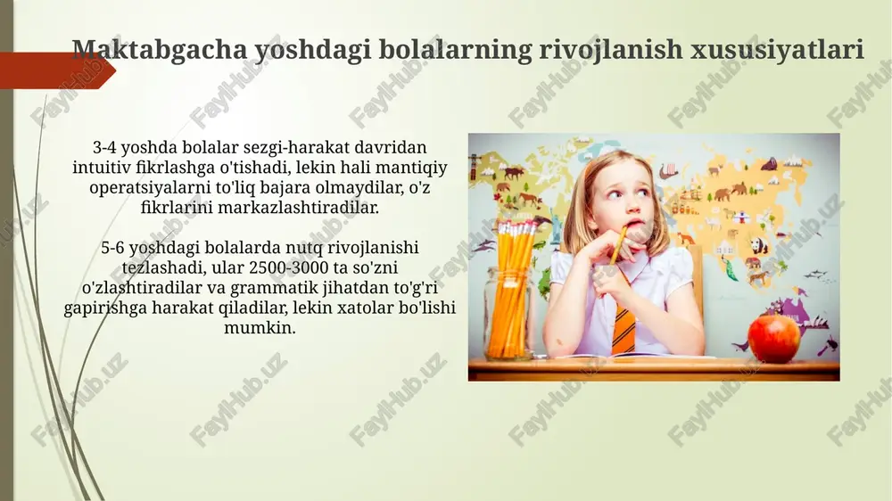 , darslarni shu uslublarga moslashtirish, 80% samaradorlikka erishish mumkin. inklyuziv ta'lim inklyuziv ta'lim har bir bolaning, shu jumladan, nogironligi bor bolalarning o'ziga xos ehtiyojlariga moslashish uchun adaptiv strategiyalarni (kamida 3 ta) qo'llashni talab etadi. inklyuziv muhitda bolalar 2-3 yoshdan boshlab tengdoshlari bilan birga o'qish orqali ijtimoiy ko'nikmalarni rivojlantiradi va 70% holatda muvaffaqiyatga erishadi. ota-onalarning roli ota-onalar, 3 yoshdan 6 yoshgacha bo'lgan bolalar uchun xavfsiz muhit yaratish orqali, ularning hissiy barqarorligini ta'minlashga yordam beradi, bu esa keyingi o'quv muvaffaqiyatiga ta'sir qiladi. ota-onalar har kuni kamida 20 daqiqa bolalar bilan kitob o'qish, hikoya aytish yoki dialoglar orqali ularning nutqini rivojlantirishi, lug'at boyligini oshirishi va kommunikatsiya qobiliyatlarini mustahkamlashi mumkin. pedagogik hamkorlik "pedagogik hamkorlik" bolalar bog'chasida o'qituvchi va bolaning erta rivojlanishidagi muhim jarayon bo'lib, bunda 2 tomonlama, o'zaro hurmatga asoslangan munosabatlar o'rnatiladi. ushbu yondashuv 3 yoshdan 6 yoshgacha bo'lgan bolalarning individual xususiyatlarini hisobga olgan holda, ta'lim jarayonini bolaning qiziqishlariga moslashtirish orqali ta'lim samaradorligini oshiradi. …