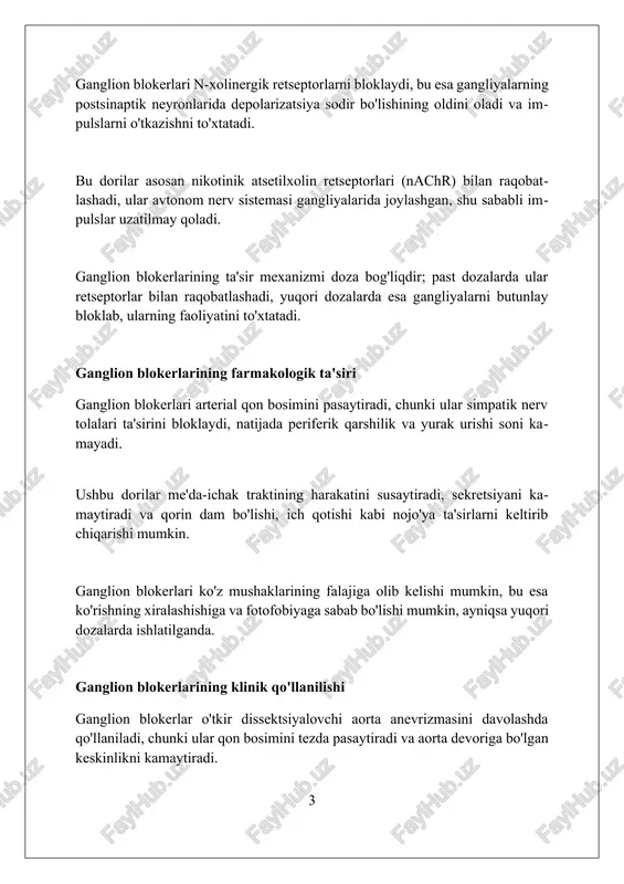 ilxolin suksinilxolin 1-fazali blokadada depolarizatsiyani hosil qiladi, bu esa dastlabki mushak qisqarishiga (fascikulyatsiya) va keyin esa falajga olib keladi, ta'siri taxminan 5-10 daqiqa davom etadi. preparatning gidrolizi, asosan, plazma xolinesterazasi orqali amalga oshiriladi; genetik polimorfizmlar ta'sir davomiyligini 2-3 soatgacha uzaytirishi mumkin, bu klinik ahamiyatga ega. suksinilxolin giperkalemiya, bradikardiya (ayniqsa, qayta qo'llanilganda) va malign gipertermiya kabi nojo'ya ta'sirlarni keltirib chiqarishi mumkin; ehtiyotkorlik bilan ishlatish lozim. depolyarizatsiyalovchi mushak relaksantlarining ta'sir mexanizmi depolyarizatsiyalovchi relaksantlar nikotin retseptorlarini faollashtirib, dastlab mushak qisqarishini keltirib chiqaradi, so'ngra retseptorni bloklab, davomli depolyarizatsiyani ta'minlaydi. suksinilxolin kabi depolyarizatsiyalovchi vositalar asetilxolinni taqlid qiladi, ammo asetilxolinesteraza tomonidan tezda gidrolizlanmaydi, bu esa doimiy depolyarizatsiyaga olib keladi. doimiy depolyarizatsiya tufayli mushak hujayralari keyinchalik qo'zg'alishga javob bera olmaydi, bu esa na+ kanallarining inaktivatsiyasi va mushakning falajlanishiga olib keladi. nodepolyarizatsiyalovchi mushak relaksantlari: misollar va ta'sir mexanizmi depolyarizatsiyalovchi mushak relaksantlari, masalan, suksametoniy xolinoreseptorlarga bog'lanib, doimiy depolyarizatsiyani keltirib chiqaradi, bu esa dastlabki fascikulyatsiyadan so'ng mushak falajligiga olib keladi. …
