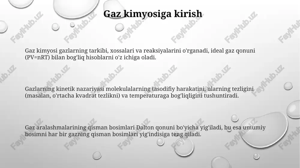 i2 → 2hi, molekulalarning aktivlashuv energiyasini yengishini talab qiladi. gaz fazasidagi reaksiyalar molekulalararo to'qnashuvlar natijasida sodir bo'ladi; yuqori temperatura kinetik energiyani oshiradi, to'qnashuvlar sonini va muvaffaqiyatli reaksiyalarni tezlashtiradi. harorat va bosim gaz fazasidagi reaksiyalarga ta'sir qiladi; yuqori bosim molekulalarni yaqinlashtiradi, to'qnashuv chastotasini oshiradi va reaksiya tezligini ko'paytiradi, agar reaksiya hajmning kamayishi bilan kechsa. gaz katalizi gaz katalizi - bu gaz fazasida sodir bo'ladigan kimyoviy reaksiyalarni tezlashtirish uchun katalizatorlardan foydalanish. katalizatorlar reaksiyaning aktivatsiya energiyasini kamaytiradi, tezlikni 10^3 dan 10^12 martagacha oshiradi. geterogen gaz katalizida katalizator odatda qattiq moddadir, reaktivlar esa gazlardir. ammiak sintezi (n2 + 3h2 → 2nh3) misol bo'la oladi, unda temir katalizator sifatida ishlaydi va unumdorlik 30-50% gacha yetadi. gomogen gaz katalizida katalizator va reaktivlar bir xil gaz fazasida bo'ladi. misol uchun, ozonning xlor atomlari (cl) tomonidan parchalanishi (2o3 → 3o2) tezligini 10^6 martagacha oshirish mumkin. atmosfera kimyosi atmosfera kimyosi yer atmosferasining kimyoviy tarkibi, reaksiyalari va aylanishlarini o'rganadi, jumladan …