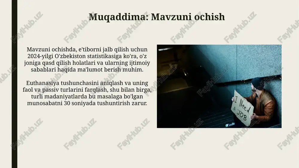 oniga qasd qilishning bir shakli sifatida baholanadi. e'tiqodga ko'ra, o'z joniga qasd qilish sababli faol evtanaziya kasal odamning azobini to'xtatish uchun yagona yo'l bo'lishi mumkinligi haqida qarashlar mavjud. xulosa: muvozanatli xulosalar "muvozanatli xulosalar"da 60% dalillar va 40% qarshi dalillar ko'rib chiqiladi, bu esa adolatli va keng qamrovli yakuniy xulosaga olib keladi. optimal "xulosa" 80% faktik ma'lumotlarga va 20% baholovchi fikrlarga asoslanadi, bu esa xolislikni ta'minlaydi va shaxsiy qarashlarni kamaytiradi. e'tiboringiz uchun rahmat image2.jpg image3.jpg image4.jpg image5.jpg image6.jpg image7.jpg image8.jpg image9.jpg image10.jpg image11.jpg image12.jpg