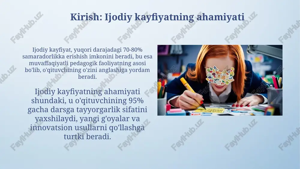 otivatsiyani oshiradi. xulosa: ijodiy kayfiyatni doimiy saqlash ijodiy kayfiyatni doimiy saqlash uchun 7-10 daqiqa davomida nafas mashqlarini bajarish, bu miyani kislorod bilan ta’minlab, stressni kamaytiradi va ijodiy oqimni rag’batlantiradi. muntazam ravishda yangi tajribalar orttirish, masalan, har oyda 2 ta yangi joyga tashrif buyurish yoki 3 ta yangi ko'nikmani o'rganish, ijodiy fikrlashni kuchaytiradi. e'tiboringiz uchun rahmat image4.png image6.jpg image7.jpg image8.jpg image9.jpg image10.jpg image11.jpg image12.jpg image13.jpg image14.jpg image15.jpg image16.jpg image3.jpeg