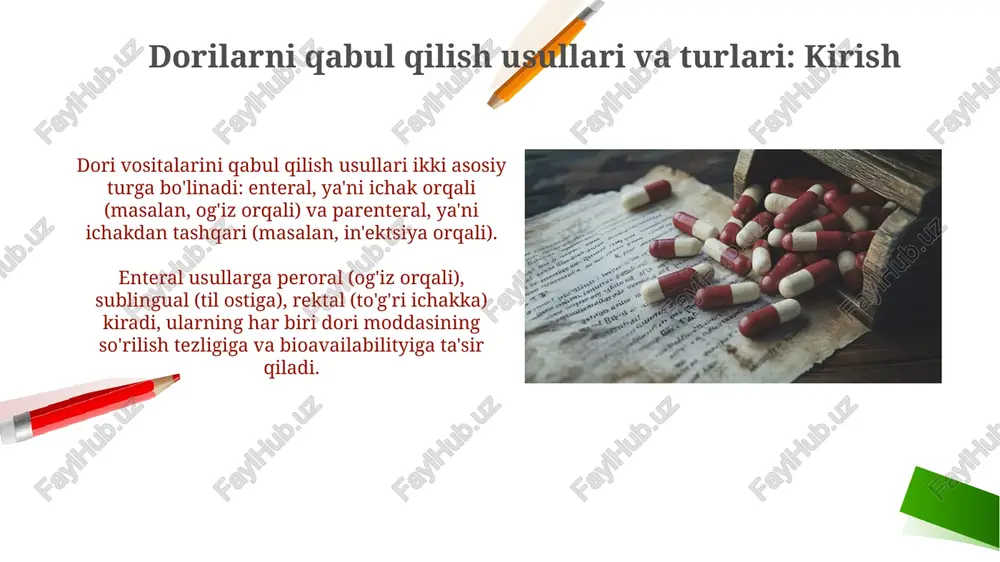 usuli tanlashga ta'sir etuvchi omillar dori vositasining farmakokinetikasi, jumladan so'rilish tezligi va tarqalish darajasi, qabul qilish usulini tanlashda muhim rol o'ynaydi, bu biologik mavjudlikka ta'sir qiladi. bemorning ahvoli, masalan, ong darajasi, yutish qobiliyati yoki oshqozon-ichak trakti kasalliklari, og'iz orqali qabul qilishdan parenteral usullarga o'tish zaruratini belgilaydi. dorilarni noto'g'ri qabul qilishning xavflari dori vositalarini noto'g'ri qabul qilish jigar fermentlari (alt, ast) darajasini oshirib, jigar yetishmovchiligiga olib kelishi mumkin. ayniqsa, paratsetamol dozasini oshirib yuborish xavfli. antibiotiklarni noto'g'ri qabul qilish, masalan, virusli infeksiyalarda, antibiotik rezistentligiga olib keladi. bu keyingi bakterial infeksiyalarni davolashni qiyinlashtiradi va 100 mingdan ortiq o'limga sabab bo'ladi. farmakokinetika va qabul qilish usuli farmakokinetika dori vositasining organizm ichida harakatini o'rganadi, shu jumladan absorbsiya, taqsimlanish, metabolizm (1-bosqich va 2-bosqich reaksiyalari) va chiqarilish jarayonlari, yarimparchalanish davrini hisobga olgan holda. qabul qilish usullari dori vositasining bioavailabilityasiga ta'sir qiladi; masalan, vena ichiga yuborish 100% bioavailabilityni ta'minlaydi, og'iz orqali qabul qilish esa birinchi o'tish metabolizmi tufayli …