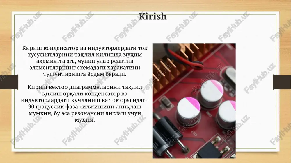 nans serial rezonansda, reaktiv qarshiliklar (induktiv va sig'imli) teng bo'ladi, ya'ni xl = xc. bu chastotada zanjirning impedansi minimal, faqat aktiv qarshilikka teng bo'ladi. serial rezonans chastotasi (f₀) quyidagi formula bilan aniqlanadi: f₀ = 1 / (2π√(lc)), bunda l - induktivlik, c - sig'im. rezonansda tok maksimal qiymatga erishadi. parallel rezonans parallel rezonansda impedans maksimal qiymatga erishadi, bu esa manba faqat kichik oqimni ta'minlaydi. rezonans chastotasi odatda 1/(2π√(lc)) formula bilan hisoblanadi, lekin yo'qotishlar tufayli biroz o'zgarishi mumkin. parallel rezonans davrida, kondansatör va induktor oqimlari bir-biriga qarama-qarshi fazada bo'ladi. ideal holatda, ular bir-birini bekor qiladi va manba oqimi minimal qiymatga tushadi. rezonansning qo'llanilishi rezonansdan simsiz energiya uzatishda foydalanish mumkin, masalan, 13.56 mhz chastotada rfid (radio frequency identification) teglari va zaryadlovchi qurilmalar ishlashida. bu samarali energiya almashinuvini ta'minlaydi. rezonans sxemalaridan radio va televizor qabul qiluvchi qurilmalarda kerakli chastotalarni ajratib olish uchun foydalaniladi. kerakli chastotani aniq sozlash uchun o'zgaruvchan sig'im yoki induktivlik qo'llaniladi. …