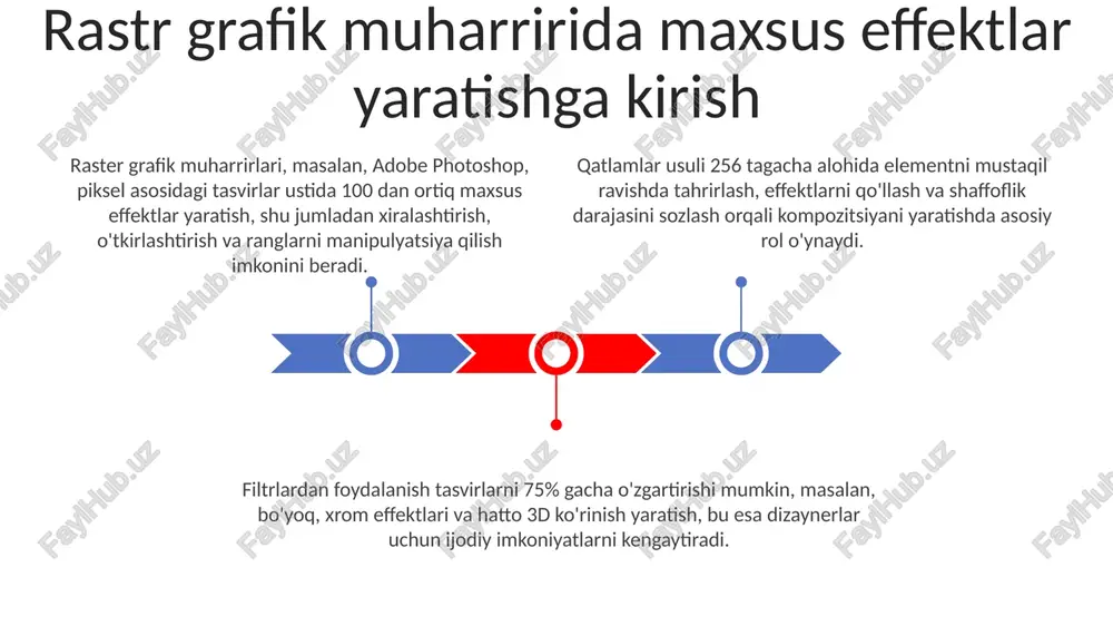 hi ob'ektlarning surati effektini hosil qiladi. maydon chuqurligini simulyatsiya qilish uchun linza xiraligi filtri ishlatiladi, bunda 1 dan 10 gacha bo'lgan kichik qiymatlar oldingi planni aniq qoldiradi va orqa fonni xiralashtiradi. o'tkirlashtirish (sharpen) effektlari: tafsilotlarni yaxshilash smart sharpen filtri gaussian blurdan foydalanadi va har bir pikselga adaptiv o'tkirlashtirishni qo'llaydi, bu tasvirdagi sifatni yo'qotmasdan tafsilotlarni yaxshilashga yordam beradi. o'tkirlashtirish filtrlari, masalan, unsharp mask, tasvirdagi kontrastni 0.1-10 piksel radiusda oshirib, tafsilotlarni aniqlaydi va xiralikni kamaytiradi. yuqori chastotali tafsilotlarni kuchaytirish orqali, sharpen effektlari tasvirning aniqligini yaxshilaydi, lekin haddan tashqari ishlatilsa, shovqin va artefaktlar paydo bo'lishi mumkin. rangni sozlash: atmosfera va kayfiyatni o'zgartirish ranglarni sozlash orqali umumiy atmosfera va kayfiyatni o'zgartirish mumkin. misol uchun, issiq ranglar (qizil, sariq) iliqlikni, sovuq ranglar (ko'k, yashil) tinchlikni aks ettiradi. rang gradentlari va xaritalar atmosferani sezilarli darajada o'zgartirishi mumkin, masalan, quyosh botishidagi ranglar yoki ertalabki shafaqni simulyatsiya qilish uchun 16 million rang palitrasidan foydalanib. ranglarni sozlashda yorqinlik, kontrast …
