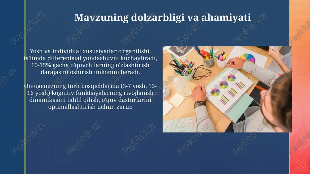 o'z ichiga olgan miqdoriy tahlilga asoslangan. sifatli usullar, jumladan, 30 ga yaqin chuqur intervyular, rivojlanish dinamikasini aniqlash uchun respondentlarning subyektiv tajribalarini o'rganish imkonini beradi. olingan natijalar va ularning tahlili olingan natijalar ko'pincha yosh guruhlari o'rtasidagi kognitiv qobiliyatlardagi farqlarni ko'rsatadi, masalan, 20 yoshdagilarning tezligi 60 yoshdagilardan yuqori bo'lishi mumkin. shaxsiy xususiyatlarning ta'siri statistik tahlil orqali baholanadi, bunda variantlar dispersiyasi (anova) kabi usullar individual farqlarni aniqlashda qo'llaniladi. xulosalar va amaliy tavsiyalar tadqiqotlar shuni ko'rsatadiki, erta bolalik davridagi kognitiv rivojlanish 5-7 yoshda eng yuqori darajaga chiqadi, maktab dasturlari buni hisobga olishi kerak. temperamentning individual xususiyatlari (masalan, hissiy barqarorlik) ta'lim usullarini tanlashda muhim ahamiyatga ega, 8-10 yoshdagilar uchun moslashuvchanlik juda muhim. e'tiboringiz uchun rahmat image5.jpg image6.jpg image7.jpg image8.jpg image9.jpg image10.jpg image11.jpg image12.jpg image13.jpg image14.jpg image15.jpg image16.jpg image1.png image2.png