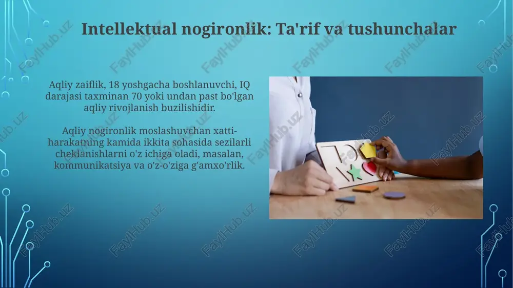 di. ta'lim dasturlari va imkoniyatlari ta'lim dasturlari, individual ehtiyojlarni qondirish uchun mo'ljallangan erta aralashuv xizmatlarini, masalan, 0-3 yoshdagi bolalar uchun iep rejalari kabi imkoniyatlarni taqdim etadi. inklusiv ta'lim imkoniyatlari nogironligi bo'lgan o'quvchilarni umumiy ta'lim sinflariga joylashtirishni o'z ichiga oladi, ular tegishli yordam va moslashuvlar bilan ta'minlanadi, bu esa tengdoshlari bilan ijtimoiy integratsiyani osonlashtiradi. ijtimoiy integratsiya va inklyuziya ijtimoiy integratsiya va inklyuziya - bu nogironligi bo'lgan shaxslarning 1948-yildagi inson huquqlari deklaratsiyasiga muvofiq jamiyat hayotida to'liq ishtirokini ta'minlash jarayonidir. inklyuziya, 2006-yildagi nogironlar huquqlari to'g'risidagi konventsiyaga ko'ra, nogiron bolalarni 14 yoshdan boshlab umumta'lim maktablariga tengdoshlari bilan birga qabul qilishni nazarda tutadi. kelajakdagi tadqiqotlar va tendentsiyalar genetik tadqiqotlar xromosoma 15q11.2 kabi intellektual qobiliyatga ta’sir etuvchi genlarni aniqlashga qaratilgan. bu kashfiyotlar erta tashxis va maqsadli davolash imkoniyatlarini oshiradi. sun'iy intellekt (si) rivojlanishi intellektual nogironligi bo’lgan shaxslar uchun moslashtirilgan ta’lim dasturlarini yaratishda yordam beradi, individual ehtiyojlarni qondirishga qaratilgan. e'tiboringiz uchun rahmat image3.png image4.jpg image5.jpg image6.jpg image7.jpg …