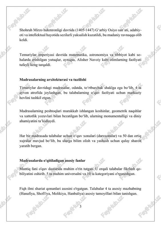 yozgan. alisher navoiy zamondoshlari jomiy va husayn boyqaro bilan birga madrasada tahsil olgan. navoiy keyinchalik madrasa ta'limini rivojlantirishga katta hissa qo'shgan. madrasalarning ijtimoiy va madaniy roli madrasalar 15-asrda ilm-fan markazlari sifatida faoliyat yuritib, matematika, astronomiya kabi sohalarda ko'plab olimlar yetishtirgan, bu esa jamiyatning intellektual salohiyatini oshirgan. temuriylar davrida madrasalar nafaqat ta'lim maskani, balki 14-16 asrlarda kitoblar ko'chirish va tarqatish markazi bo'lib, madaniy merosni saqlashda muhim rol o'ynagan. madrasalar ijtimoiy lift vazifasini o'tagan, xususan, kambag'al oilalardan chiqqan talabalarga bepul ta'lim berib, ularning jamiyatda yuqori mavqega erishishiga imkon yaratgan, bunda 7-8 yoshdan qabul qilingan. madrasalarning moliyaviy ta'minoti va vasiylik madrasalar ko'pincha vaqf mulklari orqali moliyalashtirilgan, bu esa ularning uzoq muddatli barqarorligini ta'minlagan. vaqf mulklariga do'konlar, yerlar va karvonsaroylar kirgan bo'lib, ulardan tushgan daromad madrasa xarajatlariga sarflangan. vasiylik lavozimi madrasa faoliyatini nazorat qilish, professor-o'qituvchilarni tayinlash va talabalarning farovonligini ta'minlashni o'z ichiga olgan. vasiylar odatda olimlar yoki davlat amaldorlari bo'lgan. madrasa ta'minoti uchun hukmdorlar …
