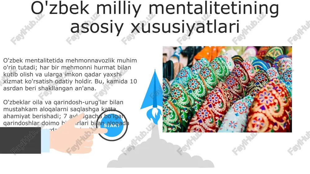 vlodga maslahat beradilar, ularga milliy qadriyatlarni o’rgatadilar hamda marosim va tadbirlarni o’tkazishda rahbarlik qiladilar. 06 05 04 avloddan avlodga o'tadigan og'zaki ijod va folklor 01 02 o'zbek xalq og'zaki ijodida "alpomish" kabi 10 dan ortiq dostonlar mavjud bo'lib, ular avloddan avlodga o'tib, qahramonlik va vatanparvarlikni targ'ib qiladi. lapar va terma kabi folklor janrlari to'y va bayramlarda keng tarqalgan bo'lib, 7-8 xil ohangda ijro etiladi va musiqiy merosning muhim qismini tashkil qiladi. e'tiboringiz uchun rahmat image6.jpg image7.jpg image8.jpg image9.jpg image10.jpg image11.jpg image12.jpg image13.jpg image14.jpg image15.jpg image16.jpg image1.jpeg image2.jpeg image3.jpeg image4.jpeg