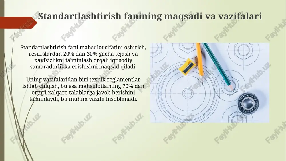 omponentlar va jarayonlar ishlab chiqarishdagi xatoliklarni kamaytiradi va vaqtni tejaydi. standartlashtirishning huquqiy asoslari standartlashtirishning huquqiy asosi o'zbekiston respublikasining "texnik jihatdan tartibga solish to'g'risida"gi 2009-yil 28-sentabrdagi qonuni bilan mustahkamlangan, bu sohadagi asosiy hujjatdir. davlat standartlari (o'z dst) ishlab chiqish, qabul qilish va qo'llash tartibi vazirlar mahkamasining 2017-yil 22-noyabrdagi 936-sonli qarori bilan belgilab qo'yilgan muhim me'yoriy hujjatdir. oʻzbekistonda standartlashtirish oʻzbekistonda standartlashtirish milliy tizimi oʻzbekiston respublikasining 2021-yil 20-iyuldagi qonuni bilan tartibga solinadi, bu tizimning asosiy tamoyillarini belgilaydi. o'zbekiston respublikasi standartlashtirish, metrologiya va sertifikatlashtirish agentligi («o'zstandart») standartlashtirish bo'yicha milliy organ hisoblanib, 1993-yilda tashkil etilgan. xalqaro standartlashtirish xalqaro standartlashtirish iso kabi tashkilotlar orqali savdo to'siqlarini kamaytiradi, 167 mamlakatdan iborat bo'lib, mahsulotlar sifatini oshirishga yordam beradi. u 1947-yilda tashkil topgan bo'lib, 24296 dan ortiq standartlarni ishlab chiqishda faol ishtirok etadi, bu global iqtisodiyotning o'sishiga xizmat qiladi. xulosa xulosa standartlashtirish sohasidagi normativ hujjatlarni takomillashtirish, 20 dan ortiq texnik reglament talablarini muvofiqlashtirish orqali erishilgan natijalarni baholaydi. xulosa standartlashtirishning …