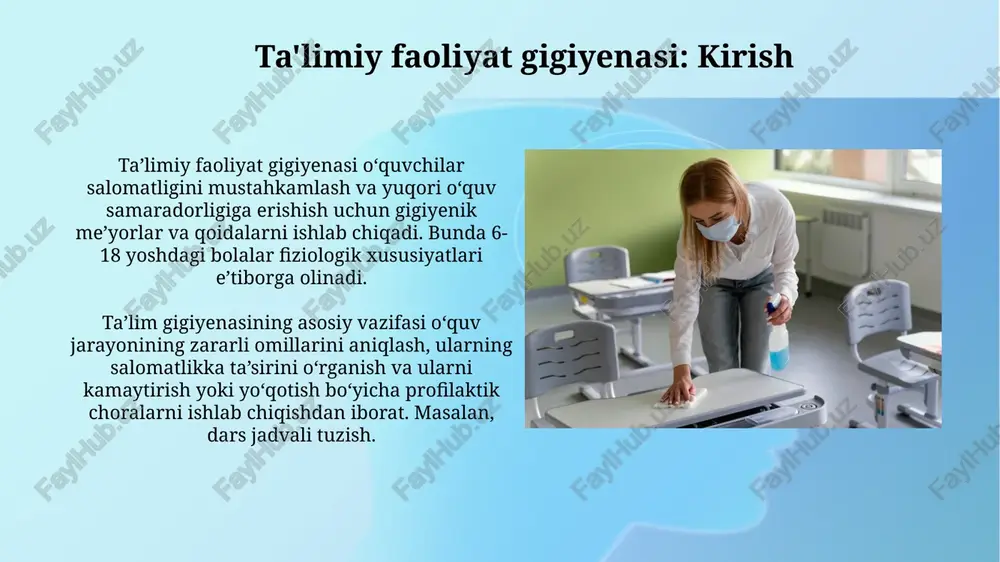 ladi. tirnoqlarni muntazam ravishda kesib turish, ularni qisqa va toza saqlash, tirnoq ostida to'planadigan mikroblarning tarqalishini kamaytiradi va infeksiyalar xavfini pasaytiradi. ruhiy salomatlik va stressni boshqarish doimiy stress immunitetni 40% gacha pasaytirishi mumkin. ruhiy salomatlik uchun meditatsiya, nafas olish mashqlari yoki kundalik 15 daqiqalik yoga mashg'ulotlari foydali. o'quv jarayonida yuqori stress 70% hollarda charchoq va diqqatni jamlay olmaslikka olib keladi. vaqtni to'g'ri taqsimlash va dam olishga e'tibor qaratish lozim. xulosa va tavsiyalar o'quv jarayonida gigiena talablariga rioya qilish 70% hollarda kasalliklarning oldini oladi. shuning uchun, xonalarni muntazam shamollatish va tozalash muhim. o'quvchilarning ergonomik jihatdan to'g'ri joylashuvi, ya'ni stol va stul balandligining mosligi, ko'rish qobiliyatini 40% ga yaxshilaydi va umurtqa pog'onasiga zo'riqishni kamaytiradi. e'tiboringiz uchun rahmat image3.jpg image4.jpg image5.jpg image6.jpg image7.jpg image8.jpg image9.jpg image10.jpg image11.jpg image12.jpg image13.jpg image14.jpg image1.png
