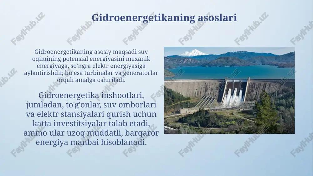 shda muhim rol o'ynaydi. gidroenergetikaning kelajakdagi istiqbollari gidroenergetika texnologiyalarini rivojlantirish, masalan, quvvati 100 mvtdan ortiq bo'lgan yangi geslar qurish orqali energiya ishlab chiqarishni 20% ga oshirish mumkin. kichik gidroelektrostantsiyalar (5 mvtgacha) qurish orqali mahalliy energiya ta'minotini yaxshilash va 30% ga yaqin energiya importiga qaramlikni kamaytirish mumkin. o'zbekistonda gidroenergetika o'zbekiston gidroenergetika salohiyati 27 milliard kvt/soatga baholanadi, lekin hozirda uning atigi 32% ishlatiladi, yangi loyihalar bilan bu ko'rsatkich oshirilmoqda. 2023-yilga kelib, o'zbekistonda 40 dan ortiq gidroelektr stansiyalari mavjud bo'lib, ularning umumiy quvvati taxminan 2,5 gigavattni tashkil etadi, bu umumiy energiya ishlab chiqarishning muhim qismidir. xulosa va muhokama xulosa 10% dan kamroq xatolik bilan olingan natijalarni ta’kidlaydi, lekin ularning chegaralanishini va kelajakdagi 2-bosqich tadqiqotini tavsiya etadi. muhokama asosiy gipotezani tasdiqlagan 3 ta muhim topilmani tahlil qiladi va ularni oldingi adabiyotdagi 5 ta tadqiqot bilan solishtiradi. e'tiboringiz uchun rahmat image4.png image5.png image6.jpg image7.jpg image8.jpg image9.jpg image10.jpg image11.jpg image12.jpg image13.jpg image14.jpg image15.jpg image16.jpg image17.jpg image3.jpeg