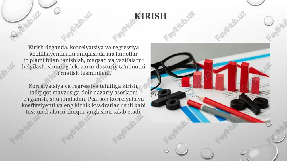 y misollar va xulosalar ko'chmas mulk narxini bashorat qilishda regressiondan foydalanish mumkin; 0.8 korrelyatsiya koeffitsienti narx va maydon o'rtasida kuchli bog'liqlikni bildiradi, bu muhim xulosadir. qishloq xo'jaligida hosildorlikni baholashda o'g'it miqdori va hosildorlik o'rtasidagi korrelyatsiya 0.6 bo'lsa, o'g'it miqdori hosildorlikka ta'sir etishi haqida xulosa qilish mumkin. e'tiboringiz uchun rahmat image2.png image5.jpg image6.jpg image7.jpg image8.jpg image9.jpg image10.jpg image11.jpg image12.jpg image13.jpg image14.jpg image3.png