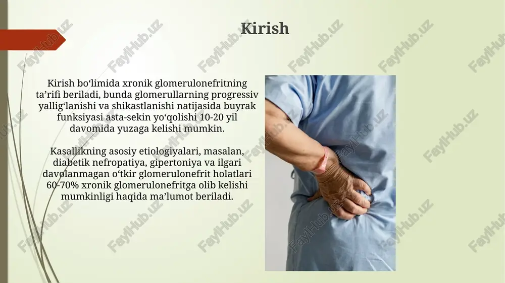 ivojlanuvchi glomerulonefritgacha farq qilishi mumkin. prognoz kreatinin klirensi kabi omillarga bog'liq bo'lib, bu buyraklarning filtratsiya tezligini baholaydi, shuningdek, proteinuriya miqdori, bu kasallikning og'irligini ko'rsatadigan siydikdagi oqsilning miqdori hisoblanadi. profilaktika surunkali glomerulonefritning oldini olishda buyraklar uchun zararli boʻlgan dorilar, masalan, nosteroid yalligʻlanishga qarshi preparatlarni (nyaqp) meʼyoridan ortiq qabul qilmaslik muhim. qon bosimini 130/80 mm simob ustuni darajasida ushlab turish va qandli diabet bilan kasallangan bemorlarda qon shakarini nazorat qilish surunkali glomerulonefritning oldini olishga yordam beradi. xulosa xulosa shuni ko'rsatadiki, surunkali glomerulonefritning progressivligi 10-20 yil ichida esrdga olib kelishi mumkin, 5 bosqichli ckd klassifikatsiyasiga asoslanadi. tadqiqotlar shuni ko'rsatadiki, 50% bemorlarda 10 yildan keyin dializga ehtiyoj seziladi, bu kasallikning o'zgaruvchan kechishini va individual prognozni ko'rsatadi. e'tiboringiz uchun rahmat image2.jpg image3.jpg image4.jpg image5.jpg image6.jpg image7.jpg image8.jpg image9.jpg image10.jpg image11.jpg image12.jpg image13.jpg