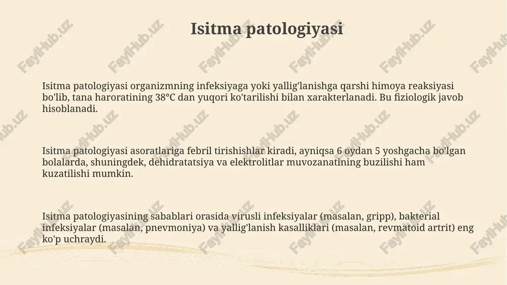 lashtiradi, bu esa infektsiyaga qarshi kurashda yordam beradi. yuqori isitma, ya'ni 40 darajadan yuqori bo'lganida, bolalarda febril tutqanoqlarni keltirib chiqarishi mumkin, bu esa miya shikastlanishi xavfini oshiradi va jiddiy tibbiy aralashuvni talab qiladi. isitma organizmda suyuqlik yo'qotilishini kuchaytiradi, bu esa suvsizlanishga olib kelishi mumkin. ayniqsa, chaqaloqlar va kichik bolalar uchun xavfli bo'lishi mumkin, shuning uchun suv balansini nazorat qilish muhim. bolalarda isitma: o'ziga xos xususiyatlar yangi tug'ilgan chaqaloqlarda immunitet tizimi hali to'liq shakllanmagan, shuning uchun 37.5°c va undan yuqori harorat jiddiy infektsiya belgisi bo'lishi mumkin va zudlik bilan tibbiy yordam talab etiladi. bolalarda termoregulyatsiya markazi yetarli darajada rivojlanmagan, shuning uchun 38°c dan yuqori harorat kattalarga qaraganda tezroq ko'tarilishi va tushishi mumkin. 6 oylikdan 5 yoshgacha bo'lgan bolalarda febril tirishishlar kuzatilishi mumkin, bu esa 38.5°c dan yuqori haroratda ro'y beradi va ota-onalarni xavotirga solishi mumkin, ammo ko'pincha zararsizdir. yangi tug'ilgan chaqaloqlarda isitma yangi tug'ilgan chaqaloqlarda rektal harorat 38°c (100.4°f) dan yuqori …