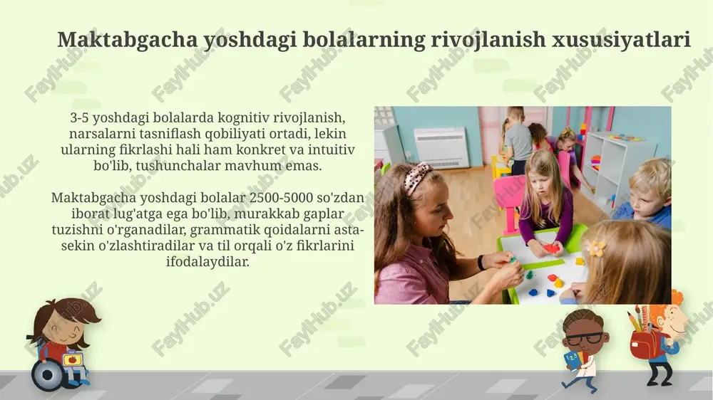 'limga sifatli tayyorlash, ularda o'qish, yozish va hisoblash ko'nikmalarini rivojlantirish, shuningdek, 5 yoshdan boshlab majburiy bir yillik bepul ta'limni tashkil etish muhimdir. o'quv muhitini tashkil etish o'quv muhitida xavfsizlikni ta'minlash muhim, bunda 10-15 sm qalinlikdagi yumshoq qoplamalar va bolalar uchun xavfsiz o'yinchoqlar ishlatiladi. o'quv muhitini 3-6 yoshli bolalarning qiziqishlariga moslashtirish kerak, bu orqali ularning kognitiv, ijtimoiy va hissiy rivojlanishiga turtki beriladi. tarbiya usullari va yondashuvlari “o’yin orqali ta’lim” usuli, 3-5 yoshda, bola qobiliyatini oshirishga qaratilgan bo’lib, turli o’yinlar orqali bilim va ko’nikmalarni o’rgatishga yo’naltirilgan. “integratsiyalashgan yondashuv”, 4-6 yosh bolalarga bir nechta fanlarni birlashtirib, ularning o’zaro bog’liqligini anglashga yordam beradi, masalan, matematika va san’at. bolalarga individual yondashuv har bir bolaning o'ziga xos temperamenti, qobiliyatlari va o'rganish uslubi bor, shu sababli 3-6 yoshdagi bolalarga individual ta'lim strategiyasini ishlab chiqish muhim. bolaning rivojlanish tezligi har xil bo'lishi mumkin, ba'zi bolalar 4 yoshda o'qishni boshlashi mumkin, boshqalari esa 5-6 yoshda motorik ko'nikmalarga e'tibor qaratishi …