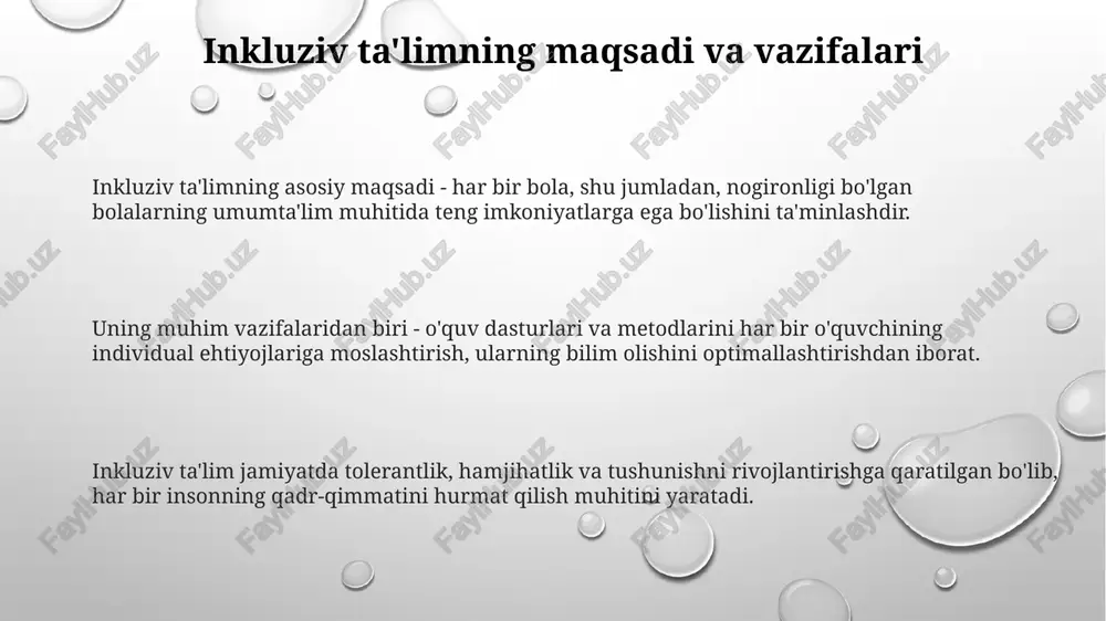 a asosiy qonun va tamoyillarni amalda qo'llashni o'rganishlari zarur. o'qituvchilarning roli 504-reja bo'yicha talabalarni aniqlash, ularning ehtiyojlarini tushunish va turli xil ta'lim strategiyalarini qo'llash orqali muvaffaqiyatga erishishdir. ota-onalarning ishtiroki va hamkorligi maktab va ota-onalar o'rtasidagi hamkorlik, masalan, 6 oylik reja asosida, bolaning o'zlashtirish darajasini 15 foizga oshirishi mumkin. ota-onalarning faol ishtiroki o'quv jarayonida, masalan, darslarda 2-3 soat qatnashish, bolaning rivojlanishini sezilarli darajada yaxshilaydi. ota-onalarning 10 daqiqalik kundalik suhbati bolaning maktabdagi motivatsiyasini oshirib, ijobiy o'zgarishlarga olib keladi. inkluziv ta'limda baholash va monitoring inklyuziv ta'limda baholash o'quvchining individual ehtiyojlarini qondirishga qaratilgan. standartlashtirilgan testlar bilan bir qatorda, portfolio va kuzatuvlar kabi muqobil usullar qo'llaniladi. monitoring o'quv jarayonining samaradorligini doimiy baholashni o'z ichiga oladi. o'qituvchilar, ota-onalar va mutaxassislar hamkorlikda bolaning rivojlanishini kuzatib boradilar. baholashda formativ (joriy) va summativ (yakuniy) usullardan foydalaniladi. formativ baholash o'quvchini qo'llab-quvvatlashga, summativ baholash esa uning muvaffaqiyatini aniqlashga xizmat qiladi. inkluziv ta'limning qonunchilik asoslari oʻzbekistonda inklyuziv taʼlimning qonuniy asosi konstitutsiyaning 41-moddasida …
