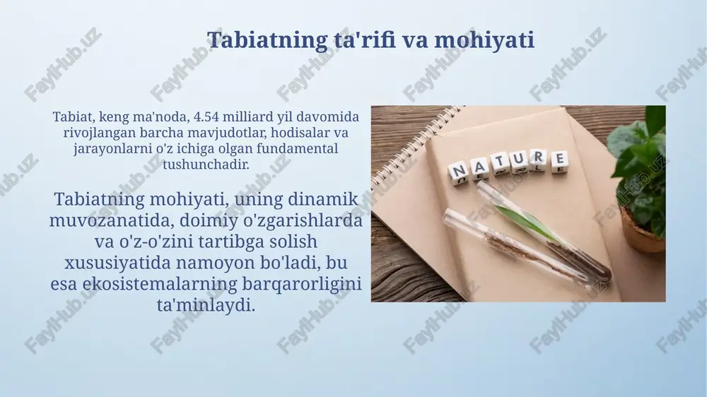 tadi. oziq-ovqat zanjirlari va to'rlari oziq-ovqat zanjiri bir qator organizmlarni aks ettiradi, unda energiya biridan ikkinchisiga o'tadi, masalan, o't (1-darajali) -> chigirtka (2-darajali) -> qurbaqa (3-darajali). oziq-ovqat to'ri bir nechta oziq-ovqat zanjirlarining o'zaro bog'liqligini ko'rsatadi, masalan, tulki quyon, sichqon va qushlarni yeyishi mumkin, bu murakkablikni aks ettiradi. energiya oqimi ekosistemalarda ekosistemalardagi energiya oqimi trofik darajalar orqali sodir bo'ladi, unda 10% qoidaga ko'ra, faqat 10% energiya keyingi darajaga o'tadi. energiya oqimi quyosh energiyasi bilan boshlanadi, uni avtotroflar (o'simliklar) fotosintez orqali kimyoviy energiyaga aylantiradilar, so'ngra getotroflarga o'tadi. moddalar aylanishi moddalar aylanishi ekotizimning muhim xususiyati bo'lib, unda kimyoviy elementlar (masalan, azot, uglerod) doimiy ravishda 10^3 va undan ortiq organizmlar orqali aylanadi. energiya oqimidan farqli ravishda, moddalar (h2o, co2, n2) bir necha marta biologik va geologik komponentlar ( atmosfera, tuproq, suv havzalari) orasida qayta ishlatiladi, sikl taxminan 10^6 marta takrorlanadi. biologik xilma-xillik va uning ahamiyati biologik xilma-xillik ekotizimlarning barqarorligini ta'minlaydi; masalan, o'simliklarning 1000 dan …
