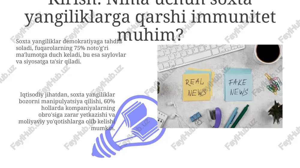 ijtimoiy tarmoqlarda shubhali ma'lumotni ko'rganda, uni 3 soniya ichida darhol ulashmang. dastlab, 2 ta ishonchli manbadan tasdiqlang, keyin tarqating. agar xabar sarlavhasi juda shov-shuvli bo'lsa, unda 90 foiz holatda yolg'on bo'lishi mumkin. buni rad etish uchun faktlarni tekshiruvchi 5 ta saytga murojaat qiling. oilangiz va do'stlaringiz bilan soxta yangiliklar haqida suhbatlashish oilangiz a'zolariga 1-narsa soxta yangilikning ta'sirini tushuntiring, masalan, 2016-yilgi aqsh saylovlarida internet troli qanday rol o'ynaganligini gapirib bering. o'rtoqlaringiz bilan faktlarni tekshirish usullari haqida suhbatlashing. misol uchun, snopes.com yoki politifact.com kabi 3 ta resurs haqida tushuntiring. xulosa: doimiy ravishda o'rganish va rivojlanish 01 02 doimiy o'rganish – faktlarni tekshirish vositalaridan (snopes, politifact) foydalanish, analitik qobiliyatlarni rivojlantirish orqali dezinformatsiyaga qarshi immunitetni shakllantiradi. bu 1-bosqichdir. sales 1st qtr 2nd qtr 100 0 sales 1st qtr 2nd qtr 100 0 e'tiboringiz uchun rahmat image5.jpg image6.jpg image7.jpg image8.jpg image9.jpg image10.jpg image11.jpg image12.jpg image13.jpg image14.jpg image15.jpg image16.jpg image1.jpeg image2.jpeg image3.jpeg
