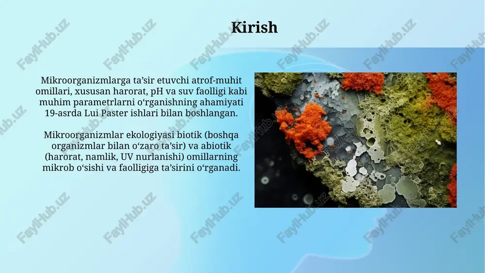 pb), mikroorganizmlar fermentativ faolligini inhibe qilishi va hujayra tuzilmalarini buzishi mumkin, bu esa o'sishni to'xtatadi. pestisidlar, xususan, xlorli uglevodorodlar, mikroorganizmlarning hujayra membranalariga ta'sir etib, ularning o'tkazuvchanligini o'zgartiradi va metabolik jarayonlarni buzadi, shu bilan zarar yetkazadi. mikroorganizmlar o'rtasidagi o'zaro ta'sir mikroorganizmlar o'rtasidagi konkurentsiya resurslar, masalan, uglerod, azot va fosfor uchun raqobatni o'z ichiga oladi, bu esa ba'zi turlarning 10-20% o'sishini sekinlashtiradi yoki yo'q qiladi. simbiotik munosabatlar, masalan, mikoriza, o'simliklar uchun ozuqa moddalarining 80-90% o'zlashtirilishini yaxshilaydi, zamburug'lar esa o'simliklardan uglevodlar oladi. xulosa mikroorganizmlarning muhitga moslashuvi natijasida, 70% namlik va 25°c haroratda o’sish tezligi keskin oshishi mumkin, bu esa biosferada muhim rol o’ynaydi. atrof-muhit omillari, xususan ph darajasi 6.5-7.5 bo’lgan sharoitda, ayrim mikroorganizmlar uchun optimal bo’lib, ularning metabolik faolligini 30% ga oshiradi. e'tiboringiz uchun rahmat image2.png image3.jpg image4.jpg image5.jpg image6.jpg image7.jpg image8.jpg image9.jpg image10.jpg image11.jpg image12.jpg image13.jpg image14.jpg image1.png