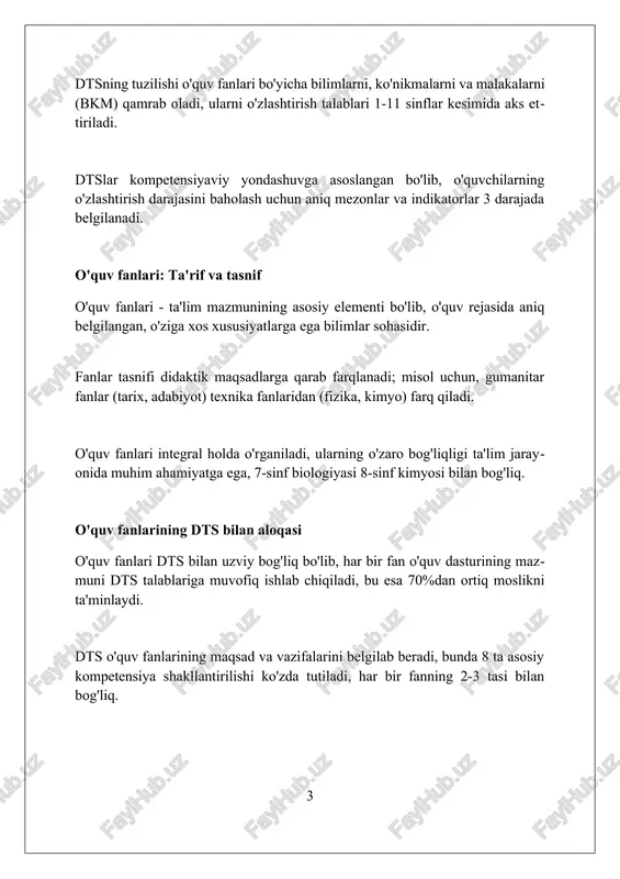 'yicha o'quv natijalari va baholash mezonlari orqali aniqlanadi. baholash mezonlari va dts baholash mezonlari o'quvchilarga dts talablariga muvofiq bilim, ko'nikma va malakalarni baholash uchun aniq ko'rsatkichlar beradi, masalan, 70% to'g'ri javob "yaxshi" baho bo'lishi mumkin. dts baholash mezonlari orqali o'qituvchilar o'quv jarayonini rejalashtirishda va o'quv materiallarini tanlashda aniq yo'nalishlarga ega bo'ladilar, misol uchun, 8-sinf matematika dts talablari. baholash mezonlari dts bilan uzviy bog'liq bo'lib, o'quvchilarning o'zlashtirish darajasini aniqlashga yordam beradi, shuningdek, ularning o'quv dasturini 95% muvaffaqiyat bilan bajarishini ta'minlaydi. dtsni amaliyotda qo'llash bo'yicha misollar dts asosida dars ishlanmalari tuzishda, 1-sinf o'qish darslarida harflarni o'rgatish ketma-ketligini belgilashda standart talablari inobatga olinadi. matematika darslarida, 5-sinfda kasrlar mavzusini o'tishda dts mazmuni kasrlarni tushuntirish va ularni amaliy masalalarga qo'llash usullarini aniqlaydi. ona tili darslarida 9-sinfda gap bo'laklarini o'rgatish dtsda belgilangan bilim, ko'nikma va malakalar orqali o'quvchilarni savodxonlikka yo'naltirishga xizmat qiladi. o'qituvchilarning dts bilan ishlashdagi roli o'qituvchilar dts talablariga muvofiq darsliklar, qo'llanmalar va baholash materiallarini …