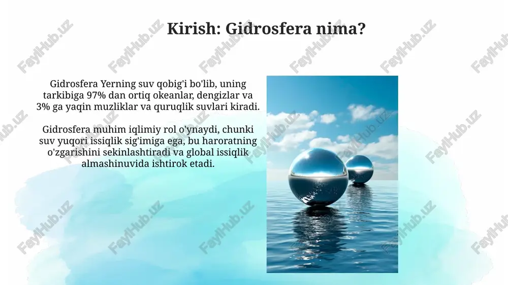 er yuzasini qoplaydigan suv muhitini asrashni anglatadi. sanoat chiqindilarini 80% gacha kamaytirish va qishloq xo'jaligida suvdan foydalanishni 30% optimallashtirish orqali gidrosferaga salbiy ta'sirni minimallashtirish zarur. e'tiboringiz uchun rahmat image3.jpg image4.jpg image5.jpg image6.jpg image7.jpg image8.jpg image9.jpg image10.jpg image11.jpg image12.jpg image13.jpg image1.png