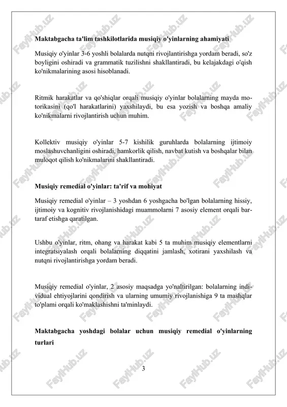 vjud: carl orff va suzuki usullari, ular 19-20-asrlarda yaratilgan va individual yutuqlarga qaratilgan. nutqni rivojlantirish nutq rivojlantirishda 3-4 yoshli bolalarda 500-1000 ta so'z zahirasi shakllantiriladi, grammatik jihatdan to'g'ri gap tuzish ko'nikmasi rivojlantiriladi. musiqiy o'yinlar orqali nutqni rivojlantirishda 'logoritmika' usuli qo'llaniladi, bunda harakat, musiqa va nutq elementlari uyg'unlashtirilib, 6-7 yoshgacha yaxshi natijaga erishiladi. nutq rivojlanishida fonetik eshituvni rivojlantirish muhim, bunda 2-3 yoshdagi bolalar uchun turli xil tovushlarni (hayvonlar, tabiat) ajratishga qaratilgan 10 dan ortiq mashqlar mavjud. ijtimoiy-emotsional rivojlanish ijtimoiy-emotsional rivojlanish 3-5 yoshdagi bolalarda o'z hissiyotlarini tan olishni, ularni ifodalashni va 2-3 kishilik guruhda o'zaro ta'sir o'rnatishni o'z ichiga oladi. empatiya ko'nikmalarini rivojlantirish, masalan, boshqa bolaning qayg'usini tushunish va unga hamdardlik bildirish, ijtimoiy-emotsional rivojlanishning muhim 4-bosqichidir. preschool yoshidagi bolalarda ijtimoiy-emotsional o'rganish, masalan, o'zini tuta bilish, o'z hissiyotlarini boshqarish va 5 tagacha boladan iborat guruhda o'zaro munosabatda bo'lishni anglatadi. diqqat va xotirani yaxshilash musiqiy o'yinlar orqali 3-5 yoshli bolalarning diqqatini jamlash uchun ritmik …
