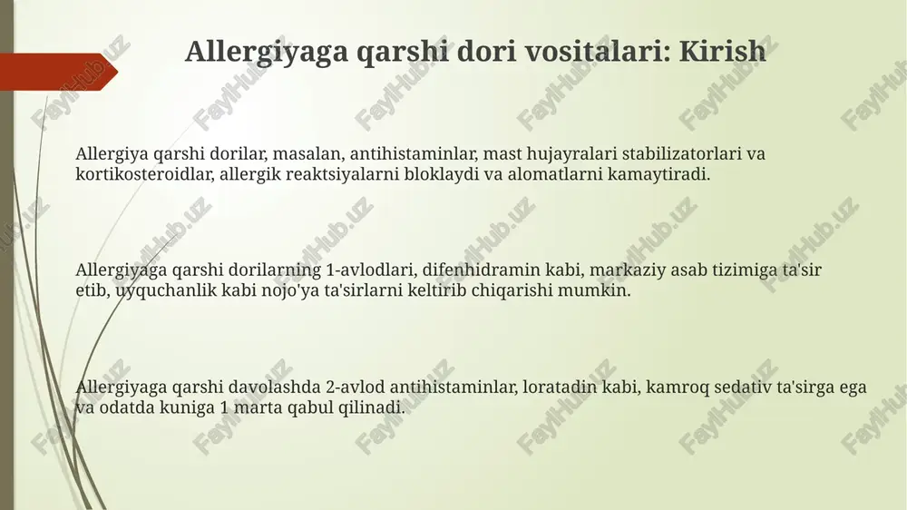 torlari allergik reaksiyalarni oldini olish uchun mast hujayralaridan gistamin va boshqa mediatorlar ajralib chiqishini ingibirlaydi, ammo to'g'ridan-to'g'ri gistamin retseptorlariga ta'sir qilmaydi. ushbu dorilar, masalan, kromoglikat natriy, astma, allergik rinit va oziq-ovqat allergiyasi kabi sharoitlarni davolashda profilaktik tarzda qo'llaniladi va odatda bir necha hafta davomida samarador bo'ladi. mast hujayralari stabilizatorlari, odatda, kamdan-kam hollarda nojo'ya ta'sirlarni keltirib chiqaradi, ammo ba'zi odamlarda burun tirnash xususiyati, tomoq og'rig'i yoki engil bosh og'rig'i kabi mahalliy ta'sirlarni keltirib chiqarishi mumkin. leykotrien antagonistlari ushbu dori vositalari, kortikosteroidlar kabi ta'sir qilmaydi, lekin ularni astmani nazorat qilish uchun birga qo'llash mumkin, ayniqsa 6 oylikdan oshgan bolalarda samarali hisoblanadi. leykotrien antagonistlari, masalan, montelukast, 5-lipoksigenaza fermentini emas, balki sisteinil leykotrien retseptorlarini bloklaydi, bu esa bronxokonstriksiyani kamaytiradi va astma simptomlarini yengillashtiradi. leykotrien modifikatorlari, odatda, yaxshi o'zlashtiriladi, ammo kam hollarda jigar fermentlarining oshishi yoki churg-strauss sindromi kabi jiddiy nojo'ya ta'sirlar kuzatilishi mumkin. allergiyaga qarshi dori vositalarini qo'llash bo'yicha ko'rsatmalar antigistaminlar, masalan, setirizin 10 …