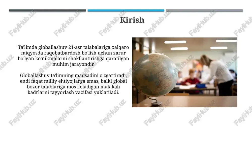 qilishga tayyorlaydi. ushbu taʼlim yondashuvi barqaror rivojlanish maqsadlariga (sdgs) erishishga qaratilgan boʻlib, oʻquvchilarni ijtimoiy adolat, tenglik va atrof-muhitni muhofaza qilish boʻyicha masʼuliyatli fuqarolikka oʻrgatadi. muammolar va imkoniyatlar ta'limda globallashuv bilan bog'liq muammolar orasida milliy o'zlikni saqlash, madaniy imperializm va rivojlangan davlatlar standartlarini ko'r-ko'rona qabul qilish xavfi bor, 20 dan ortiq. globallashuv ta'limda yangi imkoniyatlar yaratadi, jumladan, xalqaro hamkorlik orqali ilg'or tajribalarni o'rganish, 30 dan ortiq mamlakat bilan almashinuv dasturlarini kengaytirish va ta'lim sifatini oshirish. xulosa global ta'limning 21-asr tendensiyalari, masalan, onlayn ta'lim, yangi ta'lim standartlari va texnologiyalarni integratsiya qilish muhim rol o'ynaydi. ta'lim globalizatsiyasi mamlakatlarga ta'lim tizimini modernizatsiya qilish, 4.0 sanoat inqilobiga moslashish, xalqaro standartlarga erishish imkoniyatini beradi. e'tiboringiz uchun rahmat image2.jpg image3.jpg image4.jpg image5.jpg image6.jpg image7.jpg image8.jpg image9.jpg image10.jpg image11.jpg image12.jpg image13.jpg