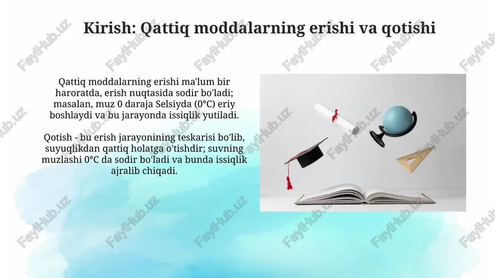 (qotish), bu oziq-ovqat mahsulotlarini uzoqroq saqlashga yordam beradi, chunki bakteriyalar past haroratda sekinroq ko'payadi. tajriba: muzning erishi tajriba shuni ko'rsatadiki, muzning erishi 0°c da sodir bo'ladi va bu jarayon issiqlik yutilishi bilan birga kechadi, bu esa molekulalarning harakatini oshiradi. muzning erish tezligi xona haroratiga, ya'ni atrof-muhit haroratiga bog'liq, yuqori harorat muzning tezroq erishiga olib keladi. tajriba: mumning qotishi mumning qotishi ekzotermik jarayondir, unda suyuq mum o'zidan issiqlik chiqarib, kristallanish harorati 50-60°c atrofida qattiq holatga o'tadi. mumning qotish jarayonida molekulalar tartibli tuzilishga ega bo'lib, potensial energiya kamayadi va atrof-muhitga issiqlik energiyasi ajralib chiqadi. erish va qotishning farqi erish, qattiq moddaning suyuqlikka aylanishi, yuqori haroratda sodir bo'ladi, bunda molekulalar harakati 0 darajadan yuqori tezlashadi. qotish, suyuqlikning qattiq holatga o'tishi, past harorat ta'sirida sodir bo'ladi, bunda molekulalar harakati 0 darajaga tushadi. erish va qotish: savol-javob eriydigan moddalar erish nuqtasiga yetganda, ularning harorati o'zgarmaydi, chunki berilgan issiqlik molekulalararo bog'lanishni buzishga sarflanadi. qattiq moddalarning qotish …