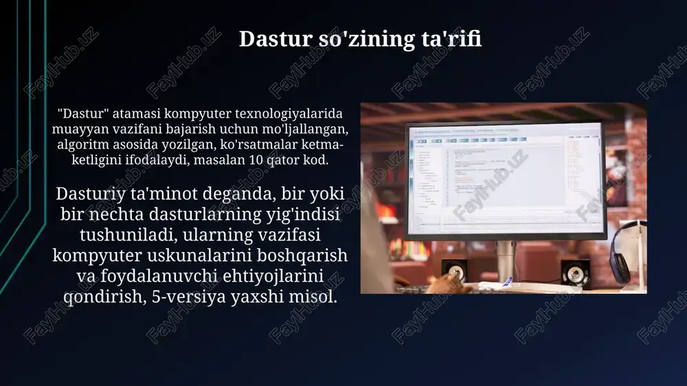 i, masalan, stem sohasidagi dasturlar, 21-asr ko'nikmalarini rivojlantirishga qaratilgan bo'lib, o'quvchilarga 9-sinfdan boshlab yuqori ta'lim olish imkoniyatini beradi. professional ta'lim dasturlari 1-bosqichda amaliy ko'nikmalarni shakllantiradi, 2-bosqichda nazariy bilim beradi va 3-bosqichda 6 oylik stajirovka bilan yakunlanadi. siyosiy dasturlar haqida ma'lumot siyosiy dasturlar partiyalar yoki siyosiy harakatlar tomonidan ishlab chiqiladi va ularning kelajakdagi 4-5 yil davomida jamiyatni rivojlantirish bo'yicha asosiy maqsadlari va vazifalarini belgilaydi. ko'pgina siyosiy dasturlarning asosiy maqsadi 20 dan ortiq yo'nalishda, jumladan iqtisodiyot, ijtimoiy soha, ta'lim va davlat boshqaruvi kabi sohalarda o'zgarishlarni amalga oshirish hisoblanadi. dastur so'zi bilan bog'liq iboralar "dastur tuzish" iborasi 1950-yillarda keng tarqaldi, bu kompyuter dasturlarini yaratish jarayonini anglatadi va hozirda ham dasturlash sohasida qo'llaniladi, ya'ni kod yozish bilan bog'liq. "dasturiy ta'minot" tushunchasi 1960-yillarda paydo bo'ldi, bu kompyuterning ishlashini ta'minlovchi dasturlar majmuasini ifodalaydi, masalan, operatsion tizimlar va 100 dan ortiq amaliy dasturlar. dastur so'zining madaniy ahamiyati 'dastur' so'zi, ayniqsa to'ylarda, 7 ta taomdan iborat dasturxon yozish …