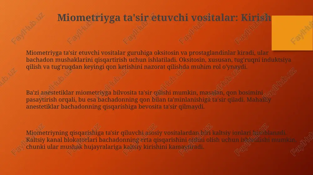 irishi mumkin, ayniqsa primiparalarda, lekin sezaryan kesishuvining chastotasiga sezilarli ta'sir ko'rsatmaydi. bunda doza va vaqt muhim rol o'ynaydi. umumiy behushlik bachadonning qisqarishiga ta'sir qilishi mumkin, ba'zi dorilar esa bachadon atoniyasini keltirib chiqarishi mumkin. bu tug'ruqdan keyingi qon ketish xavfini oshiradi, ayniqsa yuqori dozalarda. xulosa va kelajakdagi yo'nalishlar anestetiklarning miometriyaga ta'sirini yanada yaxshiroq tushunish uchun ko'p markazli, prospektiv tadqiqotlar o'tkazish kelajakdagi asosiy yo'nalishlardan biridir, bu esa nntlarni minimallashtirishga yordam beradi. keyingi bosqich, anestetik dorilarning miometriyaga ta'sirini yaxshiroq tushunish uchun sezgir biomarkerlarni aniqlash va ularni klinik amaliyotga joriy etishdan iborat bo'ladi, shu bilan natijalarni yaxshilash mumkin. kelajakdagi yo'nalishlar miometriyaga selektiv ta'sir ko'rsatadigan yangi anestetik moddalarni ishlab chiqishga qaratilgan bo'lishi kerak, bu esa matkaning qisqarishiga minimal ta'sir ko'rsatadi. e'tiboringiz uchun rahmat image4.png audio1.wav image1.png image2.png image3.png