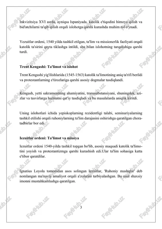 g ta'siri siyosiy va ijtimoiy o'zgarishlar tufayli bir muncha kamaydi. 1600 yilda giordano bruno bid'atda ayblanib, rimda qatl etildi, bu holat katolik cherkovining intellektual erkinlikka qarshi kurashining yorqin namunasi bo'ldi. siyosat va davlatlararo munosabatlar rim papaligi 16-17-asrlarda siyosiy ta'sirini saqlab qolish uchun katolik davlatlari o'rtasida ittifoqlar tuzishda davom etdi, masalan, ispaniya bilan, ammo ko'pincha qiyinchiliklarga duch keldi. o'sha davrdagi 30 yillik urush (1618-1648) siyosiy-diniy qarama-qarshiliklarga misol bo'lib, unda katolik va protestant davlatlari hukmronlik uchun kurashdilar va bu katolik cherkovining ta'sirini kamaytirdi. vestfaliya tinchligi (1648) davlat suvereniteti tamoyilini mustahkamladi, bu esa papal hokimiyatining davlatlar ustidan bevosita siyosiy ta'sir o'tkazish qobiliyatiga to'sqinlik qildi va yangi siyosiy tartibni o'rnatdi. uch o'n yillik urush: diniy ziddiyatlar o'ttiz yillik urushda diniy ziddiyatlar katolik va protestant davlatlari o'rtasida kuchaygan, 1618-1648 yillarda evropada katta vayronagarchiliklarga olib kelgan edi. vestfaliya sulhi (1648) diniy erkinliklarni ta'minladi, shu jumladan kalvinizmni tan olish va har bir davlat o'z dinini belgilash huquqini …