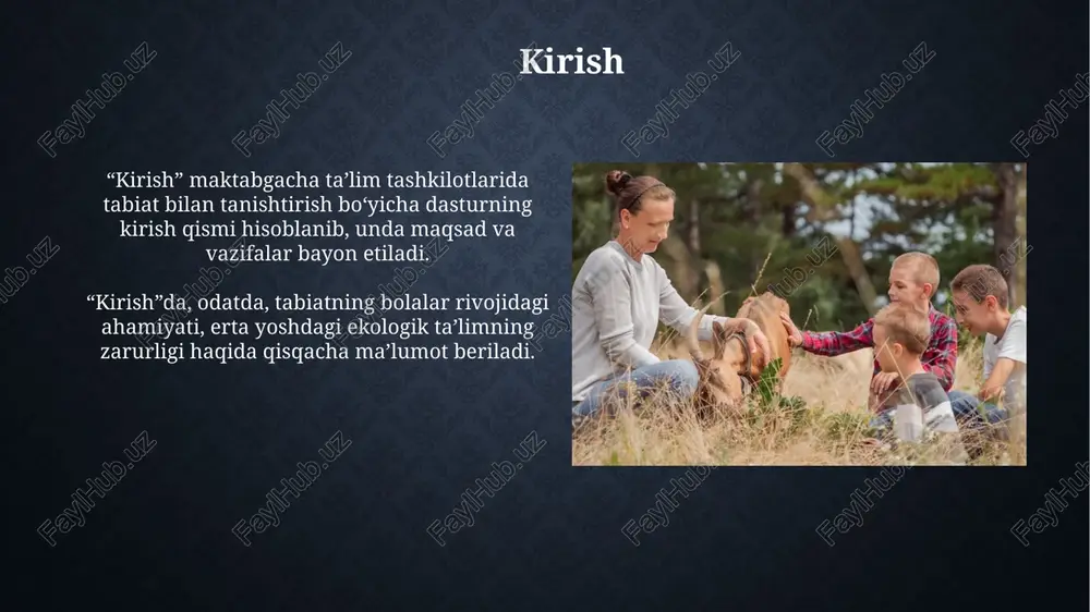 k ongini shakllantirishda muhim ahamiyatga ega. ota-onalar uchun "tabiatga sayohat 101" kabi seminarlar tashkil etish, ularning bolalar bilan tabiatda sifatli vaqt o'tkazish ko'nikmalarini 65% ga oshiradi. xulosa xulosa, bolalarni tabiat bilan tanishtirishning muhimligini ta'kidlaydi, bu ularning erta rivojlanishiga ijobiy ta'sir ko'rsatadi. standartlar atrof-muhitga e'tiborni kuchaytiradi. xulosada, bolalarning tabiatga bo'lgan qiziqishini oshirish uchun interaktiv o'yinlar, sayohatlar va eksperimentlar kabi amaliy usullar tavsiya etiladi. 3-5 yoshdagilar uchun mos keladi. e'tiboringiz uchun rahmat image3.jpg image4.jpg image5.jpg image6.jpg image7.jpg image8.jpg image9.jpg image10.jpg image11.jpg image12.jpg image13.jpg image14.jpg