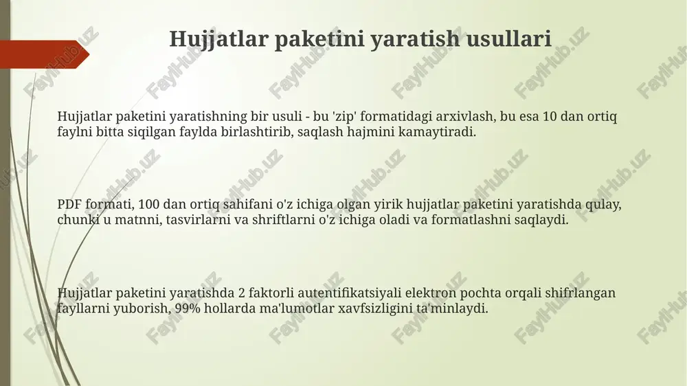 lish versiya nazorati har bir hujjat o'zgarishini 1.0, 1.1, 2.0 kabi ketma-ket raqamlash orqali kuzatib, chalkashliklarning oldini oladi va qaysi versiya ekanligini aniqlaydi. markazlashtirilgan repo tizimlari, masalan, git, bir nechta foydalanuvchiga hujjat ustida parallel ravishda ishlashga imkon beradi va o'zgarishlarni birlashtirib, ziddiyatlarni hal qiladi. kirish huquqlarini aniqlash va tekshirish orqali nazoratni ta’minlash juda muhim. masalan, faqat 5 ta xodim hujjatni tahrirlashi, qolgan 10 tasi esa ko'rishi mumkin. xavfsizlik va ruxsatlarni sozlash hujjatga 3 ta turli xildagi ruxsatlarni belgilashingiz mumkin: ko'rish, tahrirlash va chop etish. foydalanuvchilar faqat o'z vazifalariga mos keladigan ruxsatlarga ega bo'lishi kerak. hujjat paketiga kirishni cheklash uchun 128-bitli aes shifrlashidan foydalaning, bu esa ruxsatsiz foydalanuvchilar ma'lumotlarni ko'ra olmasligini ta'minlaydi. raqamli imzolarni qo'llash orqali hujjatlarning autentifikatsiyasini ta'minlang. bu usul hujjatning 256-bitli sha-256 xeshini yaratadi, so'ngra uni shifrlaydi. paketni arxivlash va saqlash paketni arxivlashda zip formati keng qo'llaniladi, u ma'lumotlarni siqish algoritmlari orqali hajmini kamaytiradi, masalan, deflate algoritmi 70% gacha …