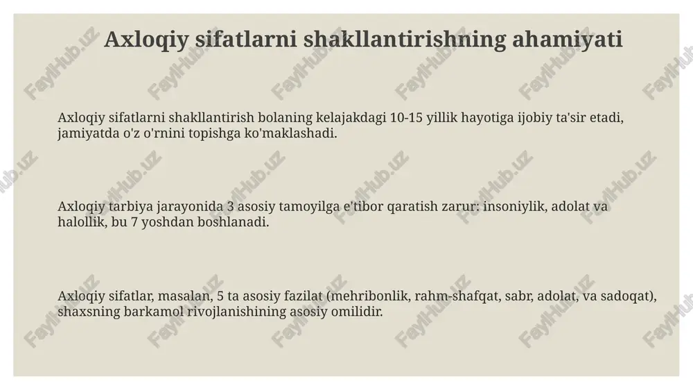 ini buzishi mumkin. ommaviy axborot vositalari, jumladan, radio va gazetalarning bolalarga ta'siri 13 yoshdan oshgach, 45 foizgacha kamayishi mumkin, ammo ular hali ham axloqiy rivojlanishga ta'sir ko'rsatishi mumkin. namuna ko'rsatish va o'rgatish 'o'rgatish' jarayoni 3-7 yoshdagi bolalarga oddiy axloqiy qoidalarni, masalan, 'iltimos' va 'rahmat' so'zlarini ishlatishni o'rgatishdan iboratdir. 'namuna ko'rsatish' bolalarga 5 yoshdan boshlab kattalarning xatti-harakatlarini kuzatish orqali ibrat bo'lishni anglatadi; bunda sabr-toqat va adolat muhim ahamiyatga ega. ota-onalar 8 yoshdan keyin 'namuna' va 'o'rgatishni' birgalikda qo'llashlari kerak, bu esa o'z farzandlariga 10 dan ortiq asosiy axloqiy qadriyatlarni singdirishga yordam beradi. muloqot va tinglash ko'nikmalari faol tinglash – bu bolaning 70 foiz nutqiga e'tibor qaratish, 20 foiz savollar berish va 10 foiz fikr bildirish orqali muloqot sifatini oshirishning muhim usulidir. empatiya orqali tinglash, bolaning his-tuyg'ularini 85 foiz tushunish va 15 foiz so'zlariga e'tibor berish orqali uning dunyoqarashini anglashga yordam beradi. muloqotda 65 foiz noverbal signallarga (ko'z bilan aloqa, imo-ishoralar) e'tibor …