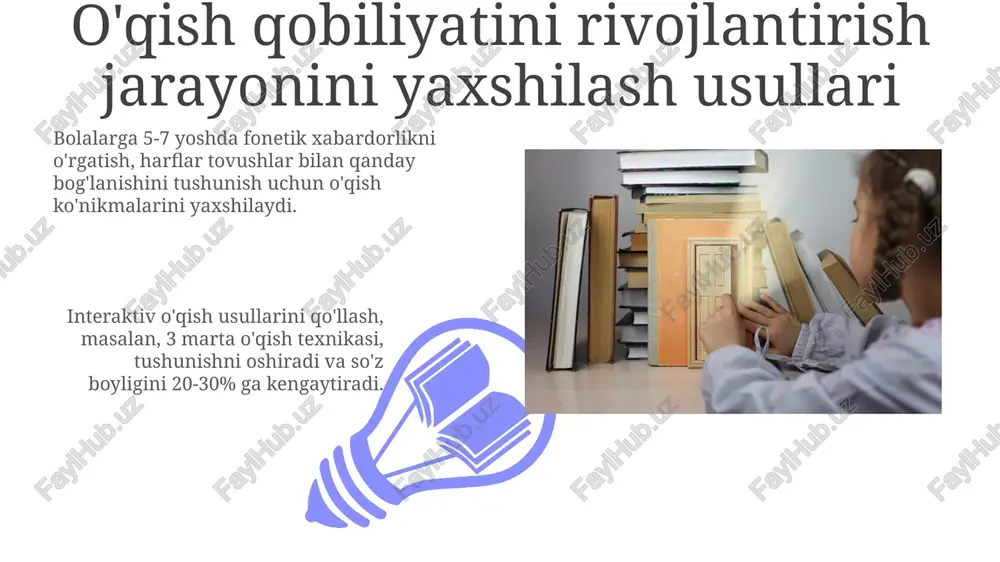 ydalanish texnologiyalar, masalan, interaktiv dasturlar o'quvchilarga 15 daqiqalik qiziqarli mashg'ulotlar orqali fonetik anglashuvni rivojlantirishga yordam beradi. 3d modellar va virtual reallik kitoblardagi tushunchalarni vizuallashtirib, o'quv jarayonini 2 barobar tezlashtiradi va 80% esda qolish darajasini oshiradi. ota-onalar va jamiyat bilan hamkorlik 01 02 ota-onalarni erta savodxonlik dasturlarida ishtirok etishga jalb qilish, masalan, “har hafta 30 daqiqa” o'qish mashqlari, bolaning qobiliyatini 15 foizga oshirishi mumkin. sales 1st qtr 2nd qtr 100 0 sales 1st qtr 2nd qtr 100 0 e'tiboringiz uchun rahmat image5.jpg image6.jpg image7.jpg image8.jpg image9.jpg image10.jpg image11.jpg image12.jpg image13.jpg image14.jpg image15.jpg image16.jpg image1.jpeg image2.jpeg image3.jpeg