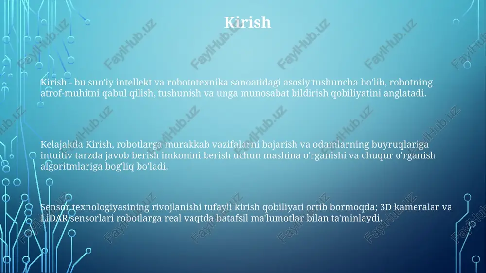 radorlikni oshirishi mumkin, bu esa xarajatlarni kamaytirish va mahsulot sifatini yaxshilash imkonini beradi. o'rganishlar shuni tasdiqlaydiki, 2030 yilga kelib robotlashtirilgan avtoulovlar yo'l-transport hodisalarini 90% ga kamaytiradi, bu esa har yili millionlab odamlarning hayotini saqlab qolishga yordam beradi. e'tiboringiz uchun rahmat image1.png image2.png
