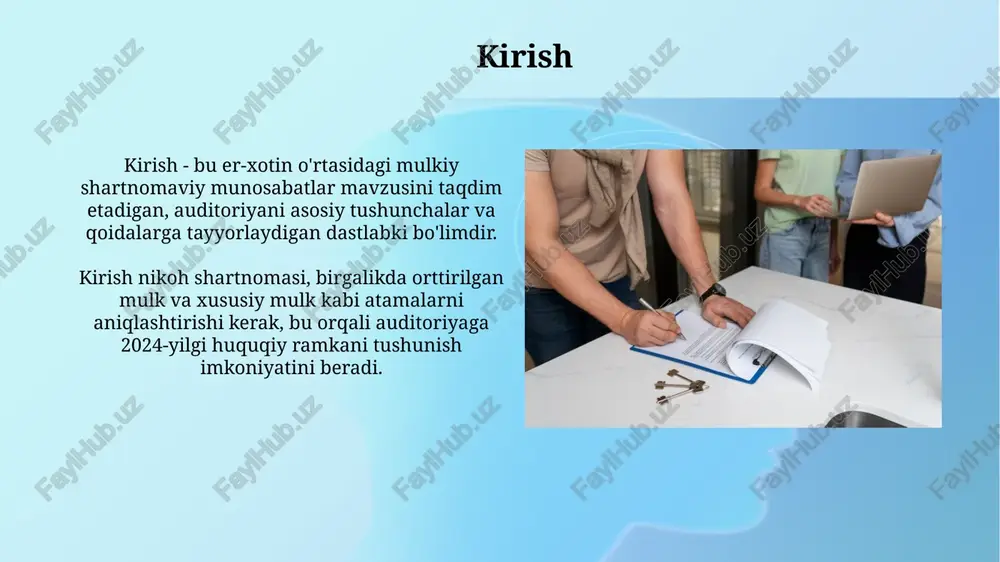 shqa aniq foizlar belgilanadi. shartnoma notarial tartibda rasmiylashtirilishi kerak. bu davlat ro'yxatidan o'tgan notarius tomonidan tasdiqlanib, shartnomaning qonuniyligini kafolatlaydi. nikoh shartnomasining haqiqiyligi nikoh shartnomasi tuzilgan paytda er-xotinning ixtiyoriy roziligi bo'lishi shart, majburlash yoki aldash holatlari kelishuvni haqiqiy emas deb topishga asos bo'ladi. o'zbekiston respublikasi oila kodeksining 31-moddasiga muvofiq, nikoh shartnomasi notarial tartibda tasdiqlangan bo'lishi kerak, aks holda u yuridik kuchga ega emas. nikoh shartnomasini o'zgartirish yoki bekor qilish nikoh shartnomasiga o'zgartirish kiritish yoki uni bekor qilish uchun er-xotinning o'zaro kelishuvi va notarial tasdiqlanishi talab etiladi, aks holda kelishuv 3 yil ichida haqiqiy emas deb topilishi mumkin. nikoh shartnomasini bekor qilish sud orqali amalga oshirilishi mumkin, agar bir tarafning huquqlari jiddiy ravishda buzilgan bo'lsa, masalan, moddiy ta'minot to'xtatilsa yoki shartnoma noqonuniy bo'lsa. sud amaliyoti (misollar) er-xotin o'rtasida mulkni kontrakt asosida taqsimlashda o'zbekiston respublikasi oila kodeksining 23-moddasiga asosan 1/2 qismi ayolga tegishli bo'lishi ko'zda tutilgan. agar er-xotin o'rtasida nikoh shartnomasi tuzilgan bo'lsa, …