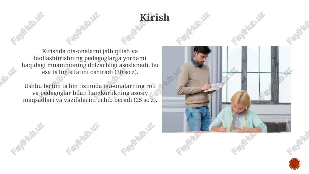 5-25% vaqt tejashga yordam beradi. ota-onalar bilan hamkorlikning qiyinchiliklari va ularni bartaraf etish ota-onalarning vaqti cheklanganligi, 80% ish bilan bandligi tufayli maktab tadbirlarida qatnasha olmasligi, bu esa pedagoglar uchun aloqa o'rnatishda qiyinchilik tug'diradi. ota-onalarning 65% pedagogik bilimlari yetarli emasligi sababli, bolalar tarbiyasida turli xil yondashuvlar paydo bo'lishi pedagoglar uchun muammoli vaziyatlarni yaratadi. muvaffaqiyatli hamkorlik namunalaridan misollar maktablarda ota-onalar qo'mitalari orqali 20% darslarni kuzatish, o'quv jarayonini baholashda ishtirok etish pedagoglarga samarali yordam beradi. ota-onalarning 3 ta asosiy mahorat darslarini (masalan, it, moliyaviy savodxonlik) o'tkazish o'qituvchilarning ish yukini kamaytiradi va ta'lim sifatini oshiradi. o'zbekistonda ota-onalar ishtirokini rivojlantirish istiqbollari 2022-2026-yillarga mo‘ljallangan taraqqiyot strategiyasida ta’lim sifatini oshirishda ota-onalarning roli muhimligi qayd etilgan, bu esa istiqbolli davr uchun asosdir. ota-onalarning ta’lim muassasalari bilan hamkorligini kuchaytirish uchun 100 dan ortiq yangi dasturlar ishlab chiqilishi kutilmoqda, shu jumladan pedagogik treninglar. xulosa va tavsiyalar xulosa shuni ko'rsatadiki, ota-onalarni jalb qilish orqali pedagoglar 25% gacha vaqtni tejashlari, dars sifatini …