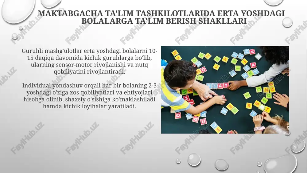 ta’lim shakllari 3 yoshdan 7 yoshgacha bo'lgan bolalarni uy sharoitida ota-onalar yoki ularning o'rnini bosuvchi shaxslar tomonidan tarbiyalashni nazarda tutadi. oilaviy ta'limda bolaning rivojlanishi uchun zarur bo'lgan individual ta'lim rejalari tuziladi, bu reja bolaning qobiliyatiga mos ravishda 2-3 soatlik mashg'ulotlarni o'z ichiga oladi. masofaviy ta'lim imkoniyatlari masofaviy ta'limda multimedia resurslari, masalan, interaktiv o'yinlar va 3d modellar, erta yoshdagi bolalarning qiziqishini oshirib, 80%gacha bilim olish samaradorligini ta'minlaydi. onlayn platformalar orqali masofaviy ta'lim, pedagoglar va ota-onalarga bolaning rivojlanishini kuzatish imkonini beradi, bu esa 95% holatlarda individual ta'lim rejasini tuzishga yordam beradi. ta'lim shakllarini tanlash mezonlari 1. dasturning maqsad va vazifalari mezon boʻlib, bolaning yoshiga mos, rivojlanish ehtiyojlarini qondiruvchi ta’lim shaklini tanlashda muhim rol oʻynaydi. 2. bolaning individual xususiyatlari hisobga olinishi kerak, shu jumladan, qobiliyatlari, qiziqishlari va o'rganish tezligi, mos ta’lim shaklini tanlash uchun asos bo’ladi. ta'lim shakllarining samaradorligini baholash ta'lim shakllari samaradorligini baholashda bolalarning 3-7 yoshdagi kognitiv rivojlanishi, ijtimoiy-emosional ko'nikmalari va nutq …