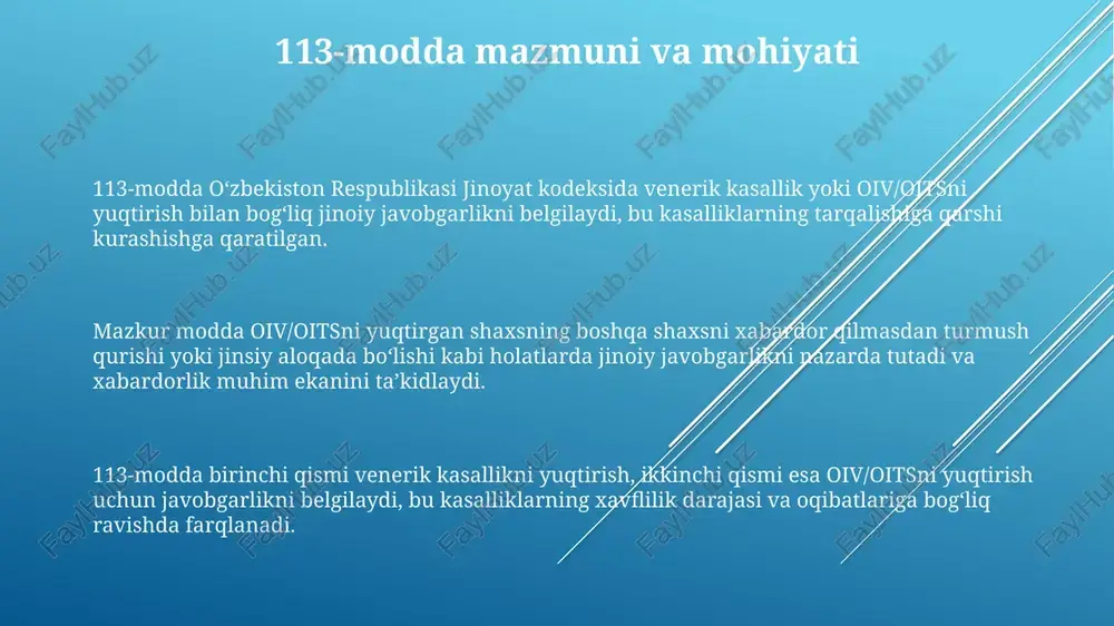 htiruvchi holatlar mavjud bo'lganda, jazoning miqdori 5 yildan 8 yilgacha ozodlikdan mahrum qilishgacha ko'tarilishi mumkin, jabrlanuvchining ahvoliga qarab. agar bemor voyaga yetmagan shaxsga yuqtirsa, jazoning miqdori yanada oshiriladi va 8 yildan 10 yilgacha ozodlikdan mahrum qilishni tashkil etishi mumkin. profilaktika choralari va huquqiy oqibatlar 113-modda bo'yicha huquqiy oqibatlar jinoiy javobgarlikni nazarda tutadi, jumladan, jarima, majburiy mehnat yoki 3 yildan 8 yilgacha ozodlikdan mahrum qilishni o'z ichiga oladi. profilaktika choralariga prezervativlardan to'g'ri foydalanish, muntazam tibbiy ko'rikdan o'tish va sheriklarni xabardor qilish kiradi, bu moddaning oldini olish uchun juda muhim. oiv/oits yoki zaxm kabi kasalliklarni yuqtirish faktini yashirish yoki xabardor qilmaslik holatlari jinoiy javobgarlikni kuchaytiradi, bu holat og'ir oqibatlarga olib kelishi mumkin. e'tiboringiz uchun rahmat