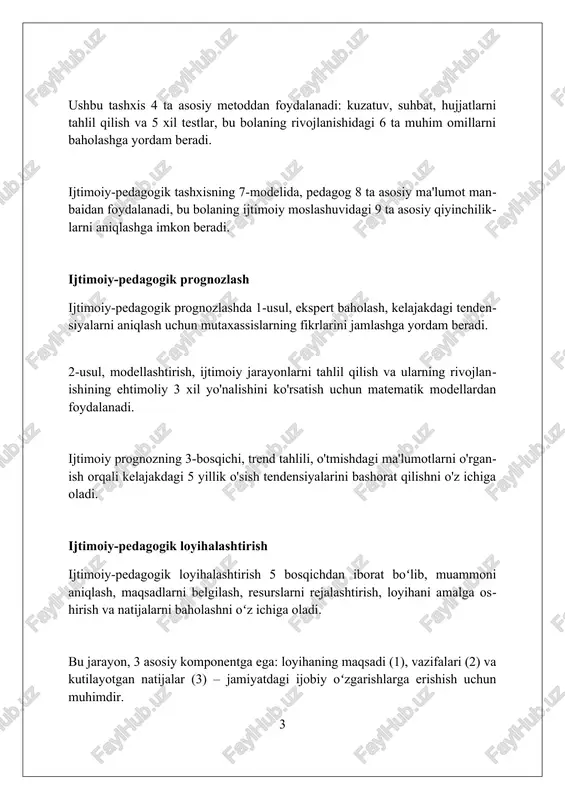 3 asosiy bosqichdan iborat: diagnostika, tuzatish va ijtimoiy moslashuv, har biri shaxsning ehtiyojlariga moslashtirilgan muayyan usullarni qo'llaydi. reabilitatsiya dasturlari huquqbuzarliklar profilaktikasi, psixologik maslahatlar va kasbiy yo'nalishni o'z ichiga oladi, bu 80% hollarda shaxslarning jamiyatga qaytishiga yordam beradi. ijtimoiy-pedagogik maslahat ijtimoiy-pedagogik maslahat shaxsning huquqlari, qonuniy manfaatlarini himoya qilishga qaratilgan 2 ta yo'nalishni qamrab oladi: profilaktika va korrektsiya. ushbu maslahatning asosiy maqsadi 3 ta asosiy tamoyilga muvofiq amalga oshiriladi: ixtiyoriylik, maxfiylik va mijoz manfaatlariga ustunlik berish. maslahat jarayoni 5 bosqichdan iborat bo'lib, ular: murojaat, ma'lumot yig'ish, tahlil, rejalashtirish va amaliy yordamni o'z ichiga oladi. ijtimoiy-pedagogik vositachilik ijtimoiy-pedagogik vositachilik 3 ta asosiy darajada amalga oshiriladi: individual, guruh va jamoa. har bir daraja muayyan yondashuvlar va 4 xil uslublarni talab etadi. ushbu vositachilikda 5 ta muhim printsipga e'tibor qaratiladi: ixtiyoriylik, maxfiylik, betaraflik, xolislik va har bir mijozning individual ehtiyojlarini hurmat qilish muhim hisoblanadi. ijtimoiy-pedagogik vositachilikning 2 asosiy maqsadi bor: mijozning muammolarini hal qilishda yordam …