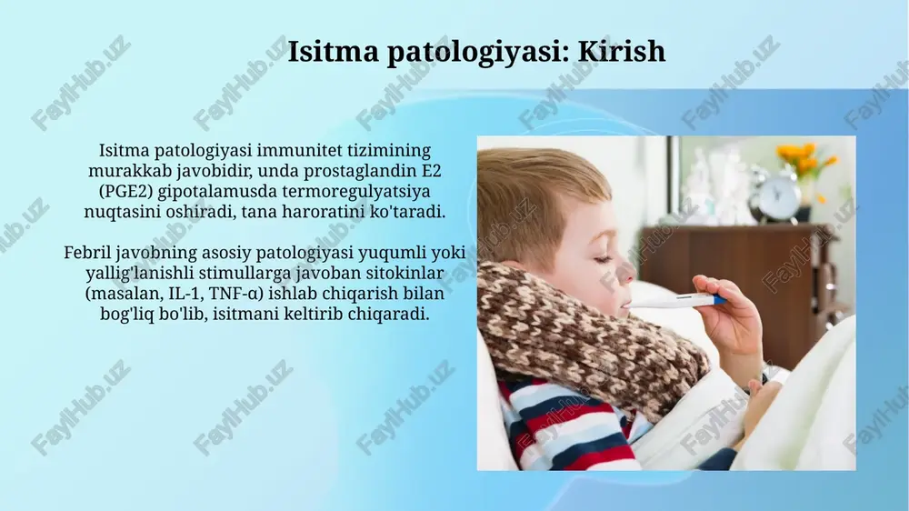 protein) o'tkir yallig'lanish belgisi sifatida ishlatiladi; uning yuqori darajasi bakterial infeksiyani shubha qilishga asos bo'ladi, garchi virusli infektsiyalarda ham biroz ko'tarilishi mumkin. isitmani davolash tamoyillari isitmani davolashda asosiy tamoyillardan biri - bu 38.5°c dan yuqori haroratni tushirish, bunda paratsetamol (10-15 mg/kg) yoki ibuprofen (5-10 mg/kg) preparatlari ishlatiladi. isitmani davolashda bolaning umumiy holatini yaxshilash, yetarli suyuqlik iste'mol qilish (kuniga 1.5-2 litr), xona haroratini 20-22°c da saqlash muhim ahamiyatga ega. bolalarda antipiretiklardan foydalanish bolalarda antipiretiklar, masalan, paratsetamol (10-15 mg/kg har 4-6 soatda) va ibuprofen (5-10 mg/kg har 6-8 soatda) dozalarda, vaznga qarab ehtiyotkorlik bilan ishlatiladi. antipiretiklar haroratni tushirish uchun ishlatilsa-da, ular kasallikning sababini davolamaydi, balki bolaning noqulayligini kamaytirishga qaratilgan simptomatik davolash hisoblanadi. isitmada parvarish qilish va uy sharoitida davolash bolaning haroratini 38,5°c dan past boʻlsa, agar bola yaxshi boʻlsa, tushirishga shoshilmaslik kerak, organizm infeksiya bilan kurashishiga imkon bering. haroratni tushirish uchun, paratsetamol yoki ibuprofen siropini bolaning vazniga qarab, har 4-6 soatda berish …